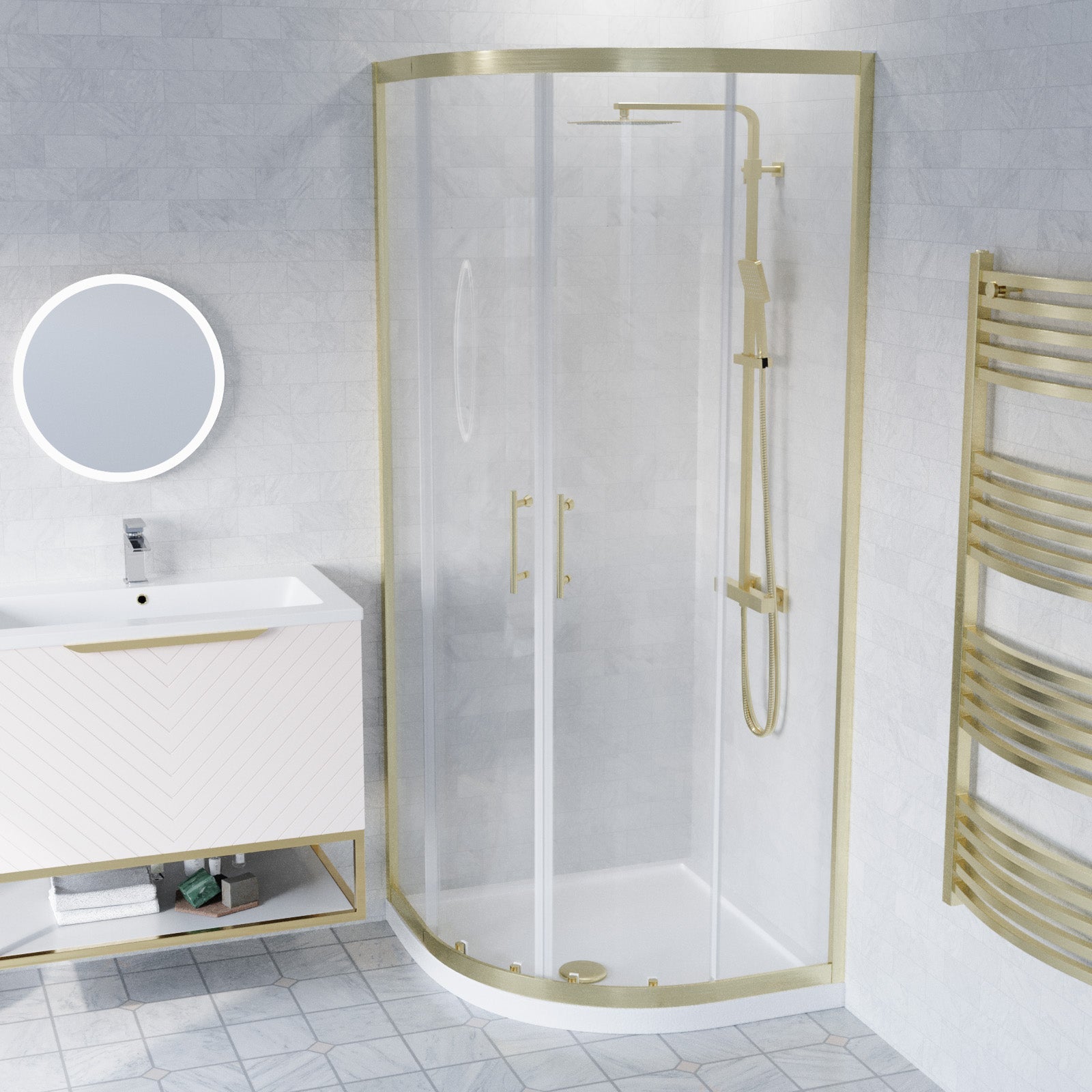 Roxy Pink 800mm Basin Vanity, Brushed Brass Quadrant Shower & Toilet