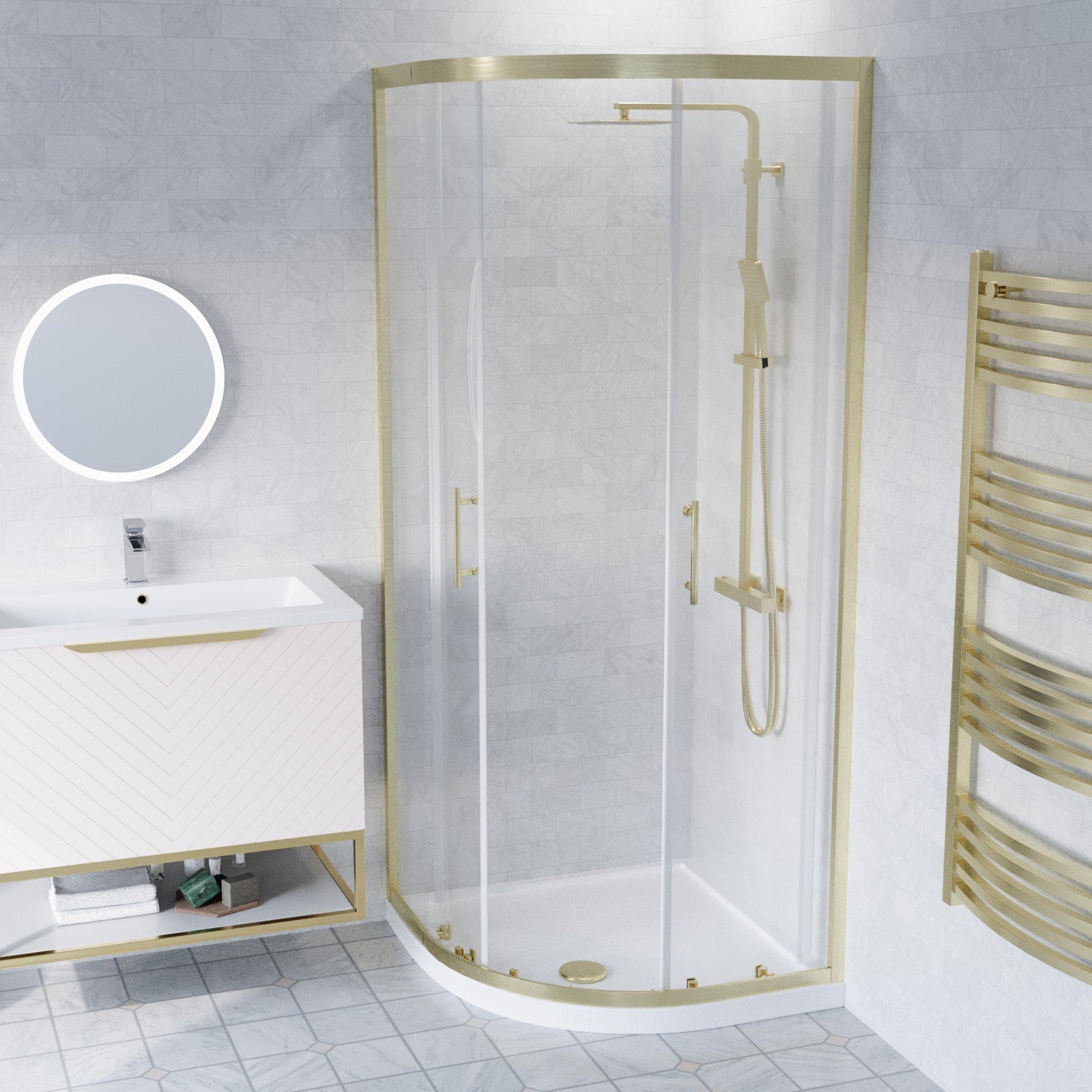 Roxy Pink 800mm Basin Vanity, Brushed Brass Quadrant Shower & Toilet