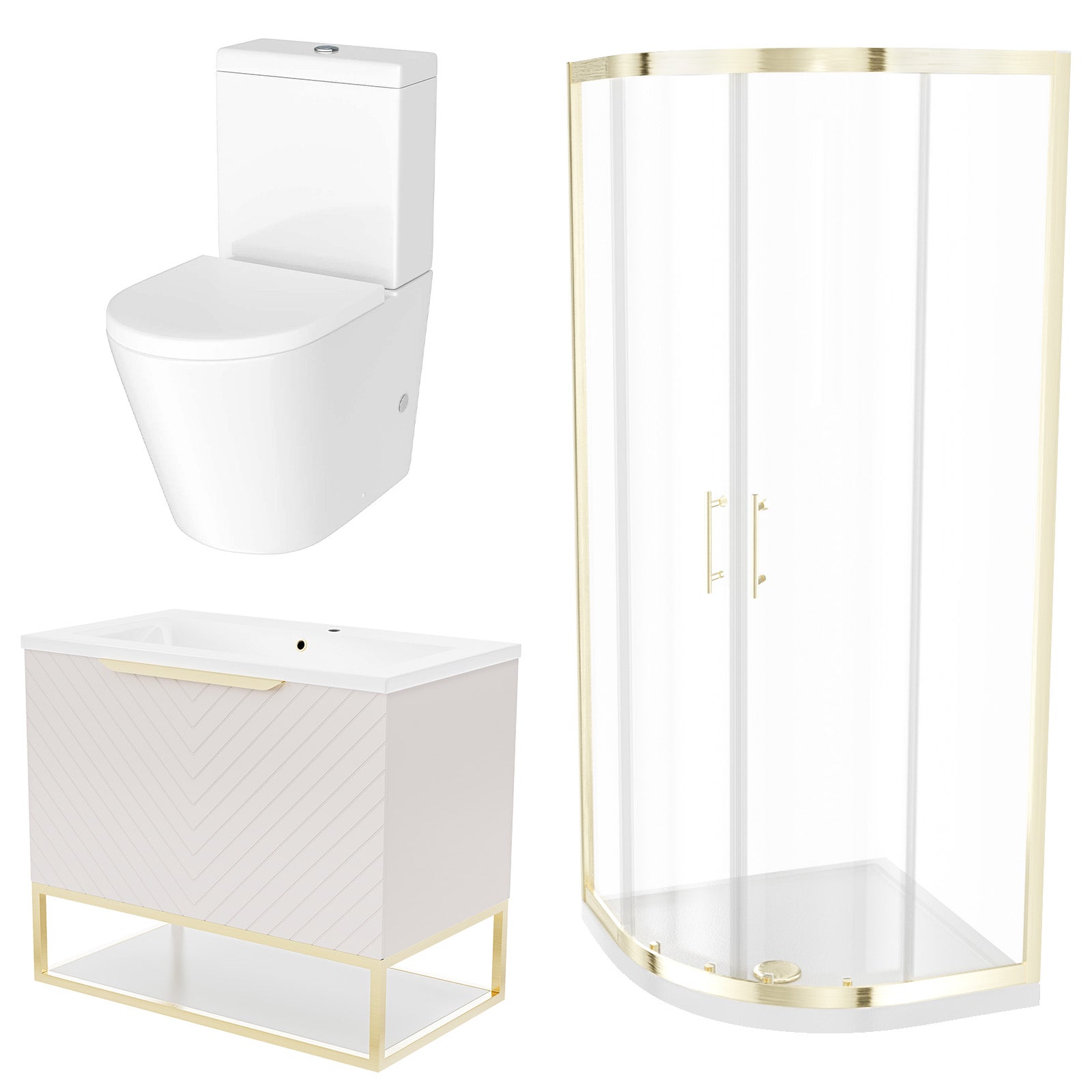 Roxy Pink 800mm Basin Vanity, Brushed Brass Quadrant Shower & Toilet