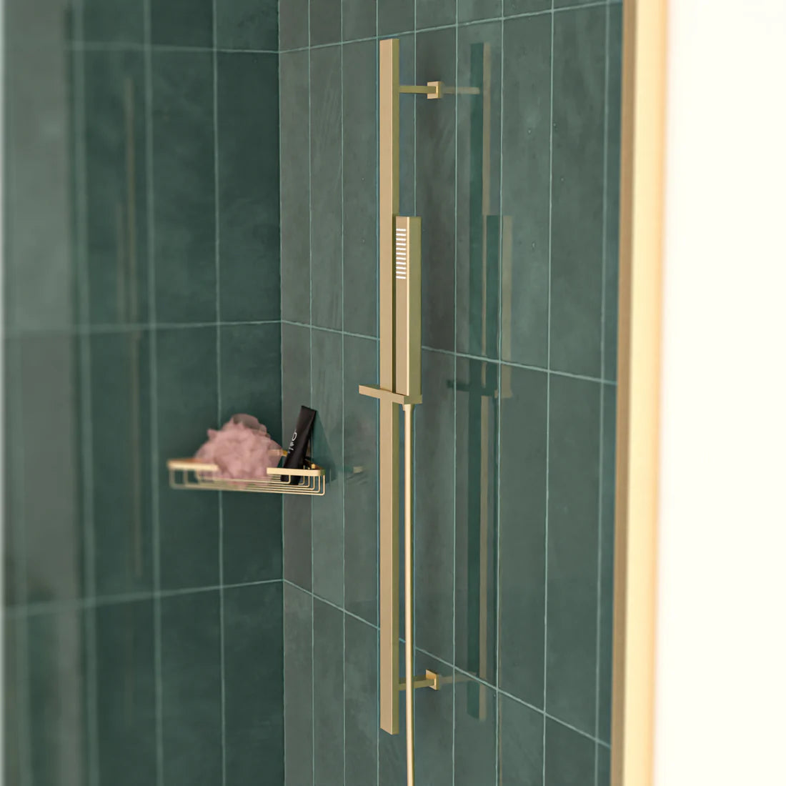 Brushed Brass Square Wall Mounted Slider Rail Shower Kit With Handset