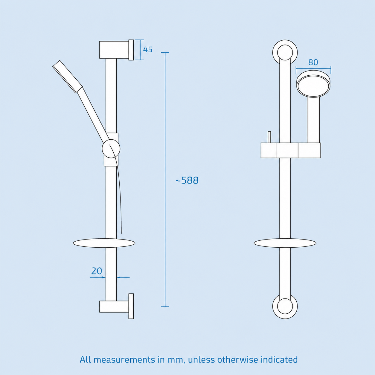Modern Chrome Round Exposed Shower Slider Rail Kit with Handset & Soap Tray