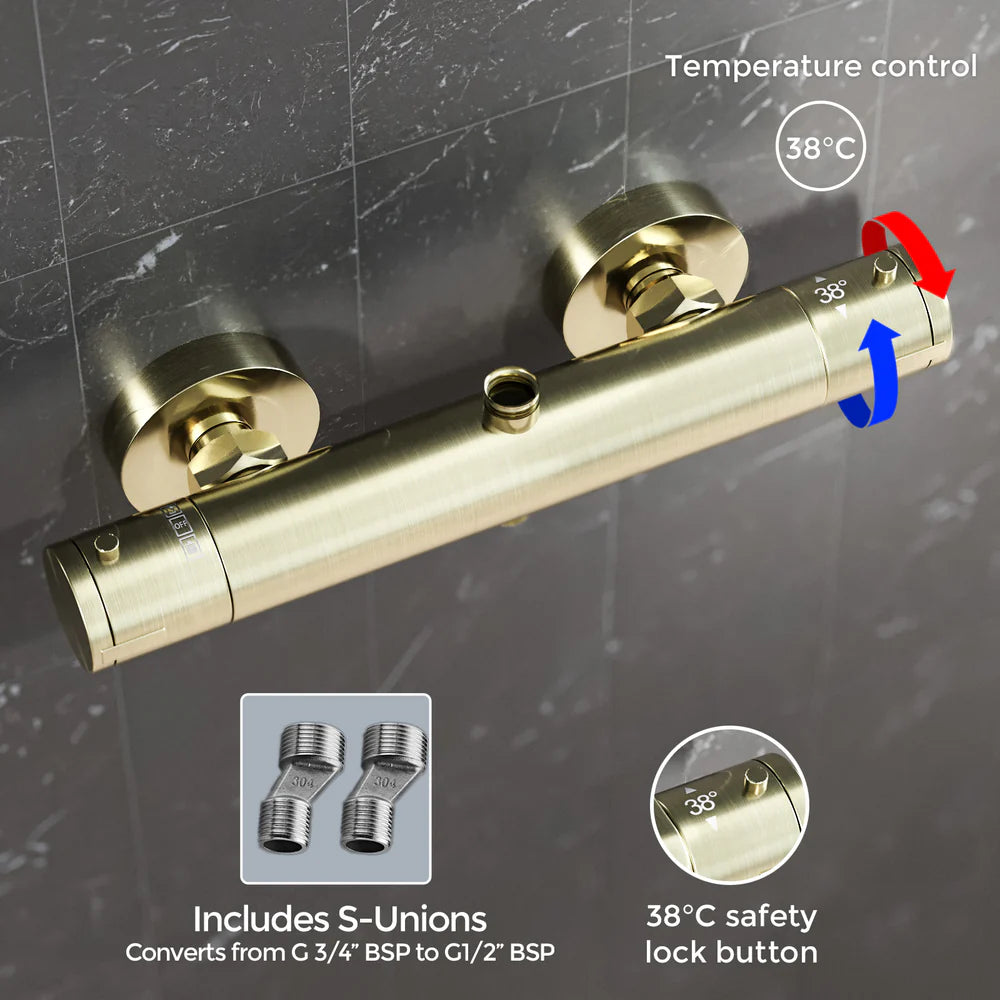 Round Brushed Brass Exposed Thermostatic Shower Mixer Bar Valve