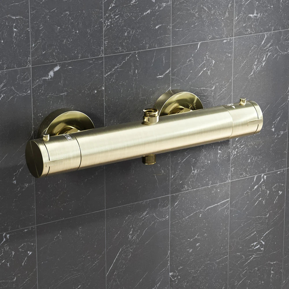 Round Brushed Brass Exposed Thermostatic Shower Mixer Bar Valve