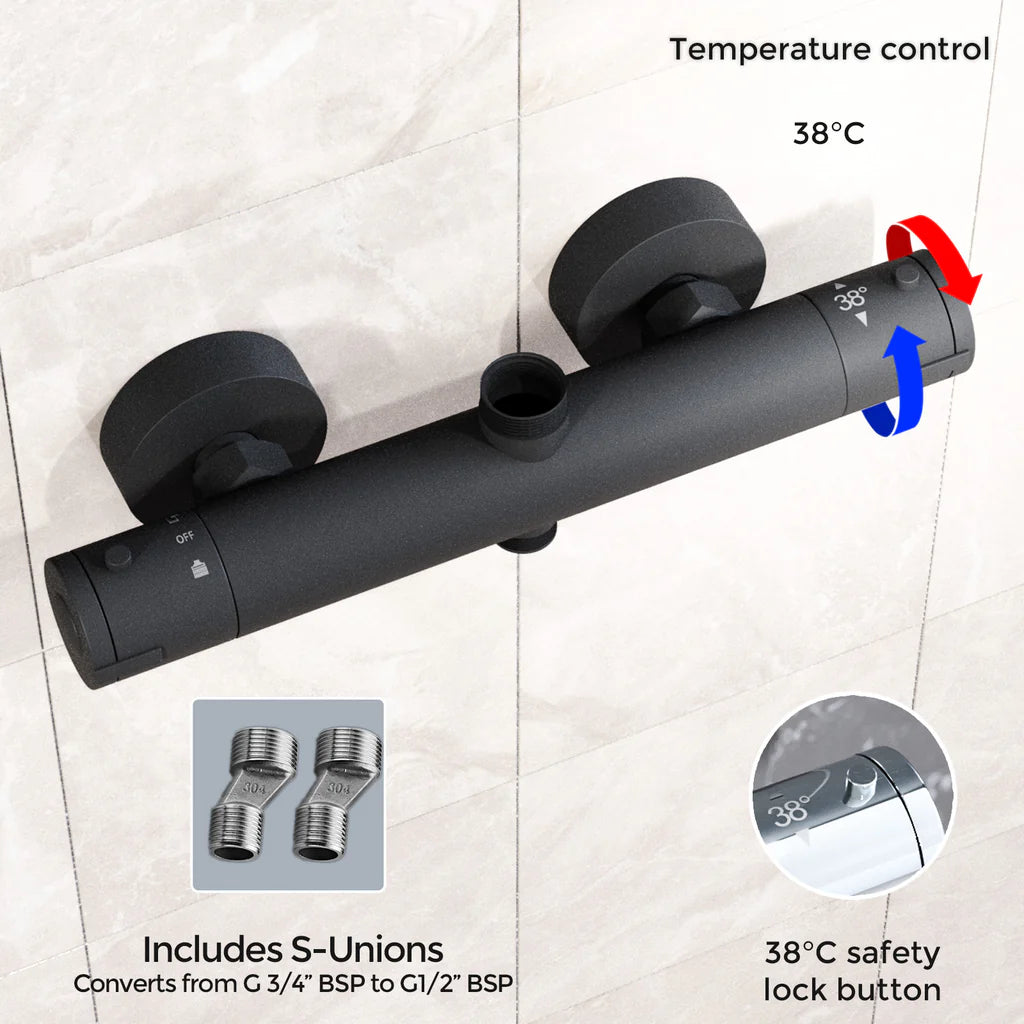 Modern Round Dual Outlet Matte Black Exposed Thermostatic Shower Mixer Bar Valve Anti Scald