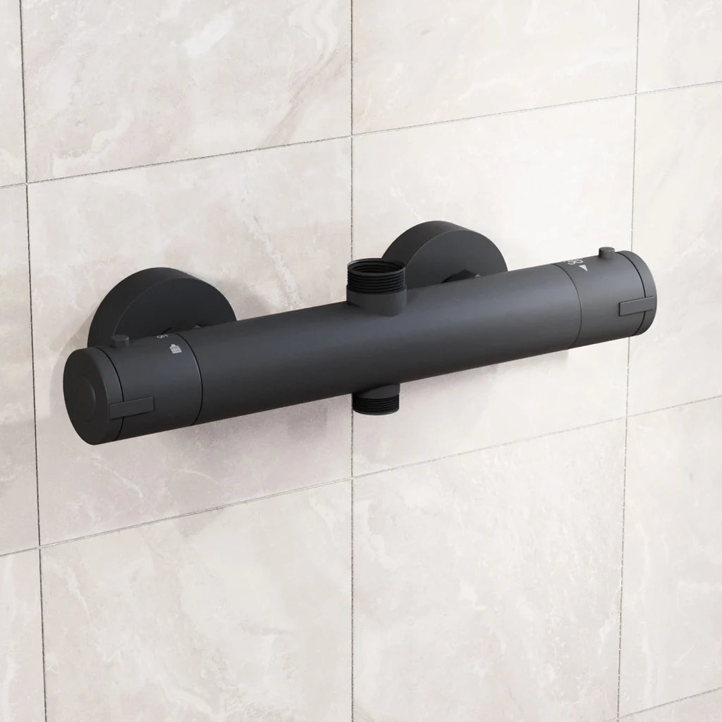 Modern Round Dual Outlet Matte Black Exposed Thermostatic Shower Mixer Bar Valve Anti Scald