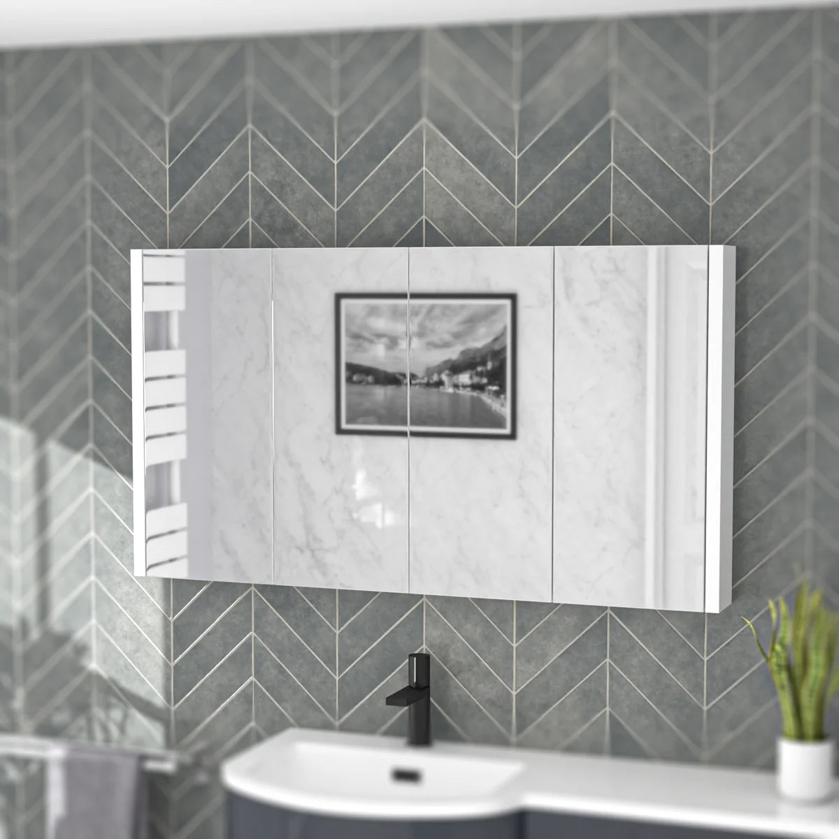 Modern 1180 W x 650mm H White 4-Door Mirrored Wall Hung Cabinet