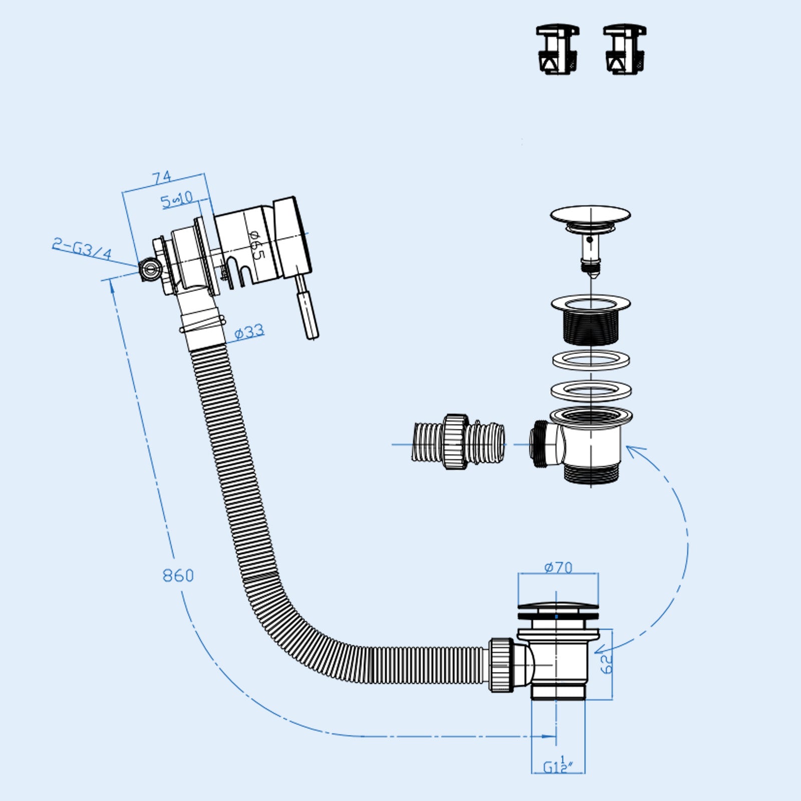 Matte Black Bath Filler With Control Valve & Sprung Waste & Overflow