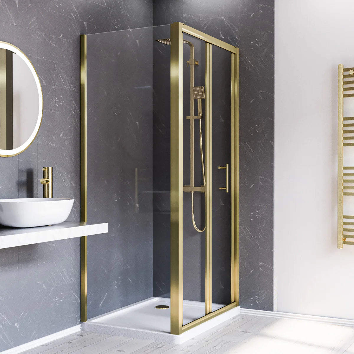 Brushed Brass 900 x 700mm Bi-fold Tempered Glass Shower Enclosure
