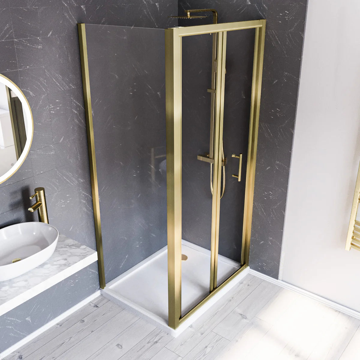 Brushed Brass 900 x 700mm Bi-fold Tempered Glass Shower Enclosure