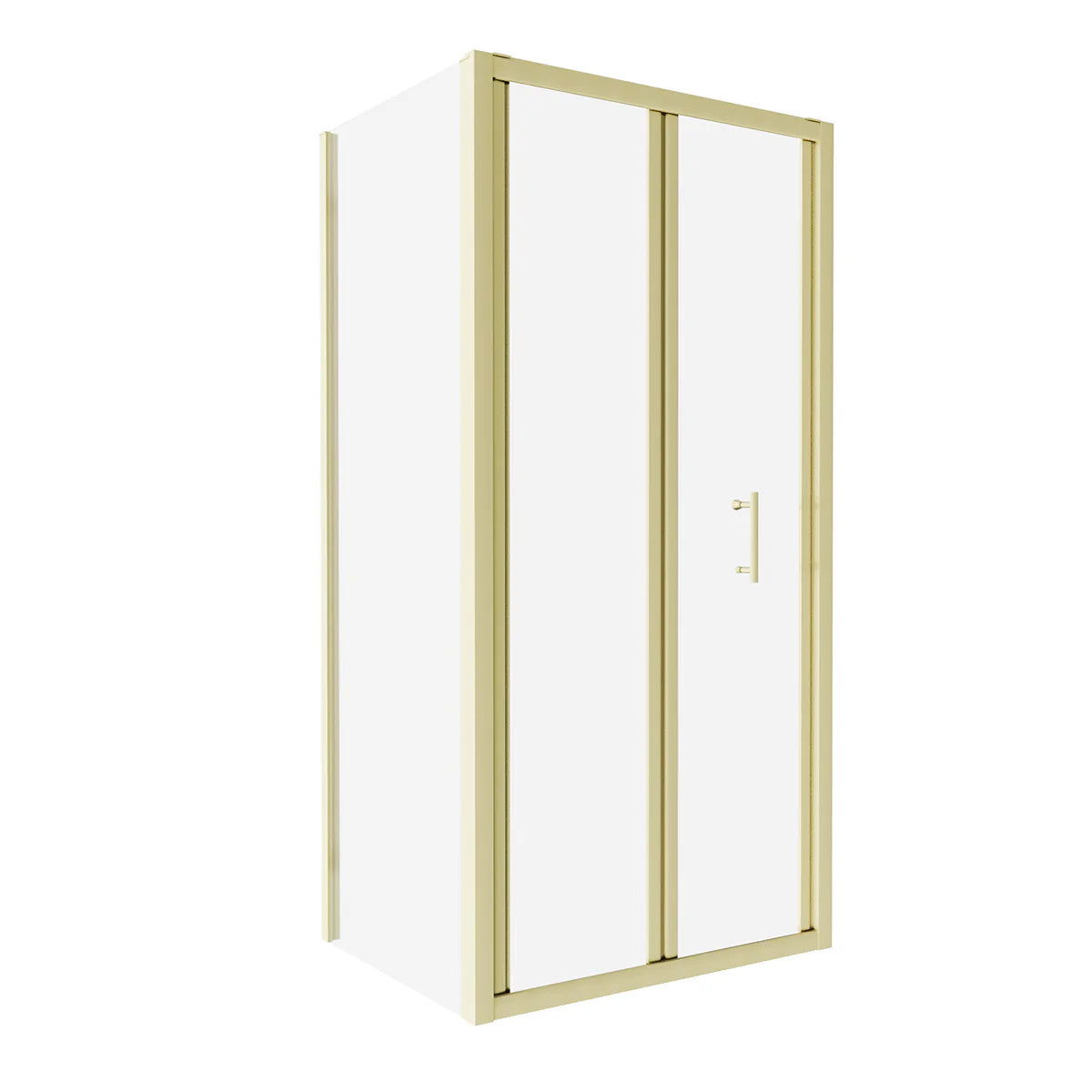Gold-framed sliding shower door with clear glass on a white background