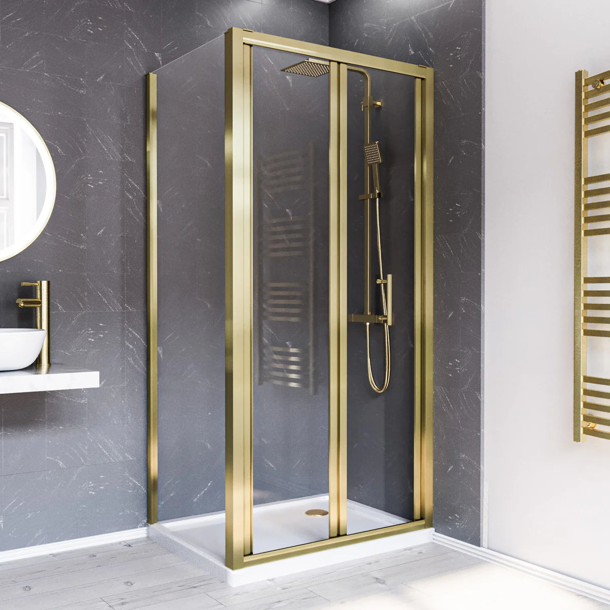 Brushed Brass 900 x 700mm Bi-fold Tempered Glass Shower Enclosure