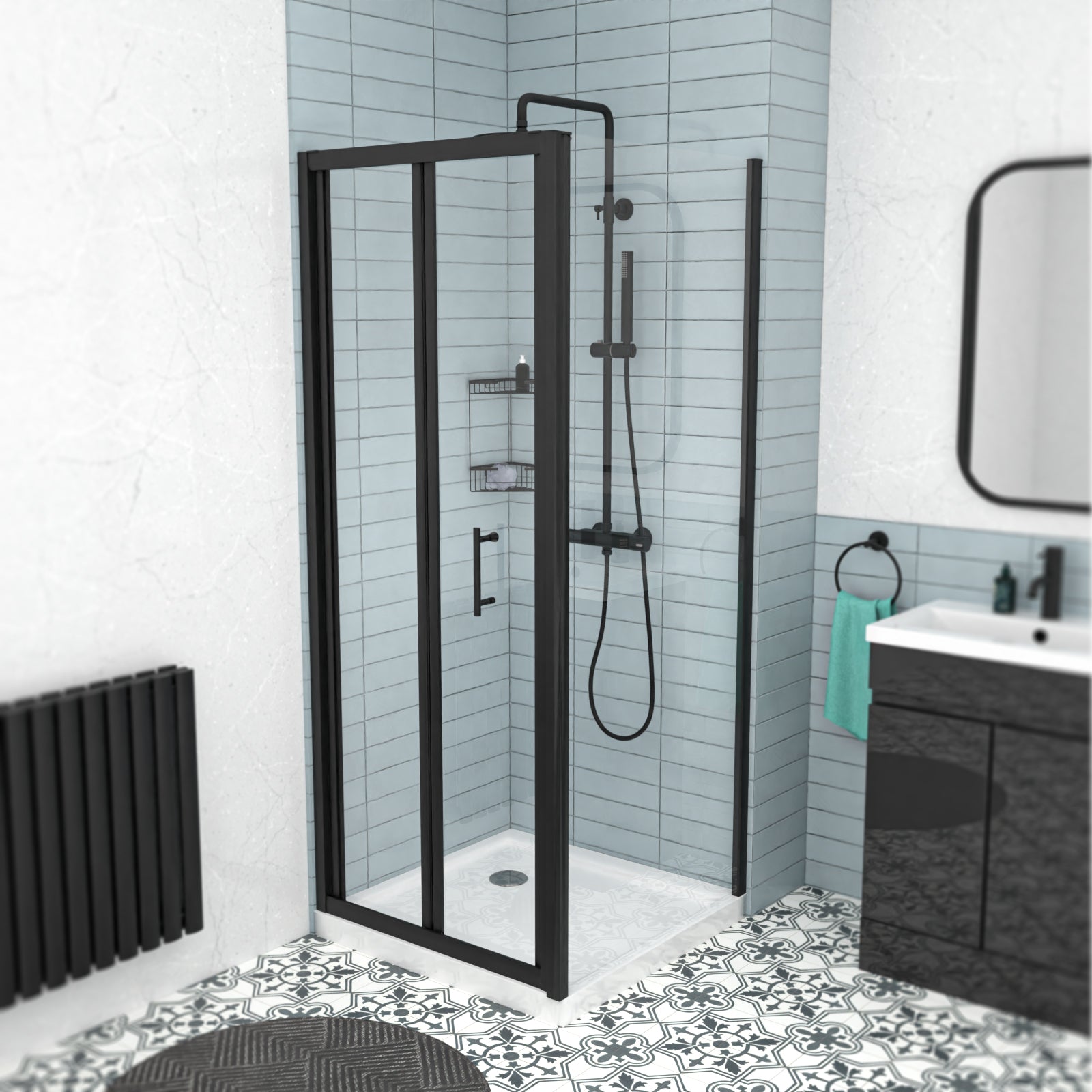 Black 700mm Bi-fold Shower Door, 700mm Side Panel Tempered Glass