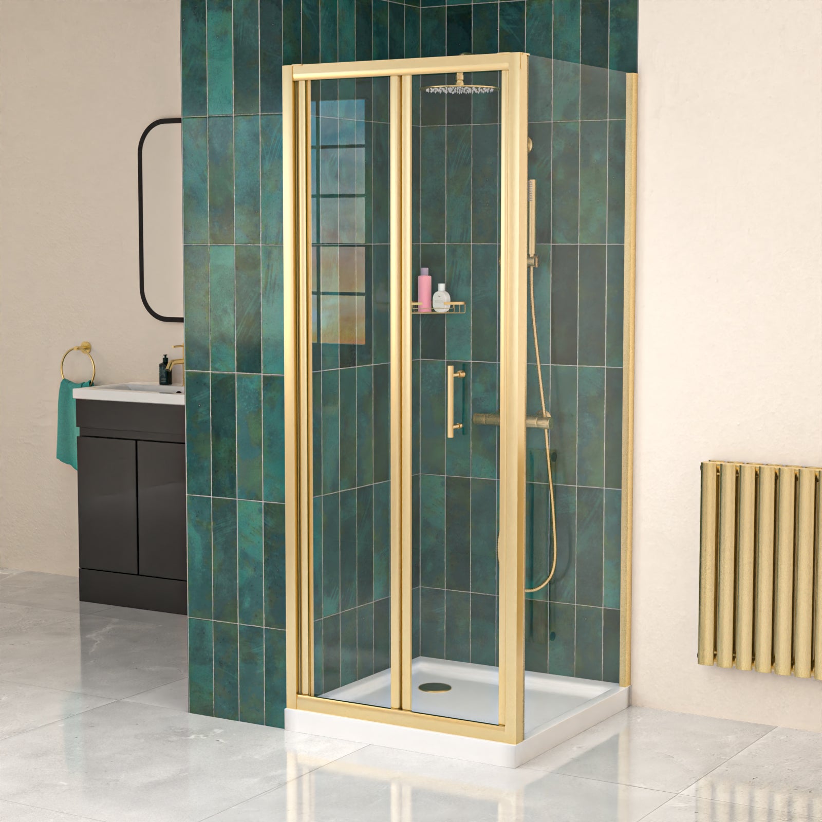 Brushed Brass 700mm Bi-fold Shower Door + 700mm Side Panel + Shower Tray + Waste