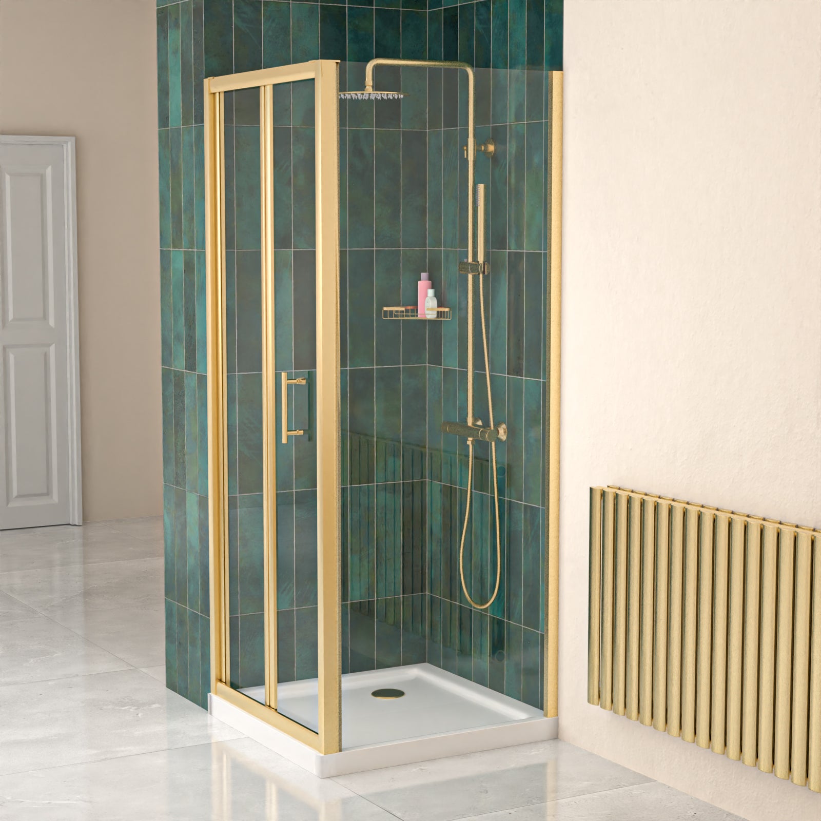 Brushed Brass 700mm Bi-fold Shower Door + 700mm Side Panel + Shower Tray + Waste