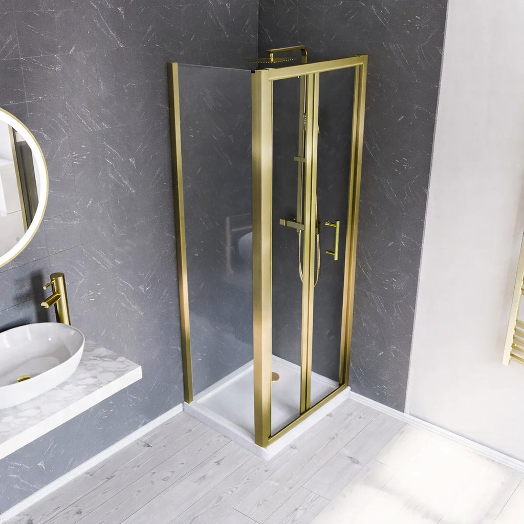Brushed Brass 800 x 700mm Bi-fold Tempered Glass Shower Enclosure
