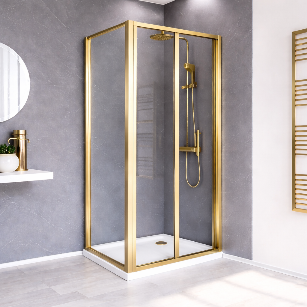 Brushed Brass 800 x 700mm Bi-fold Tempered Glass Shower Enclosure