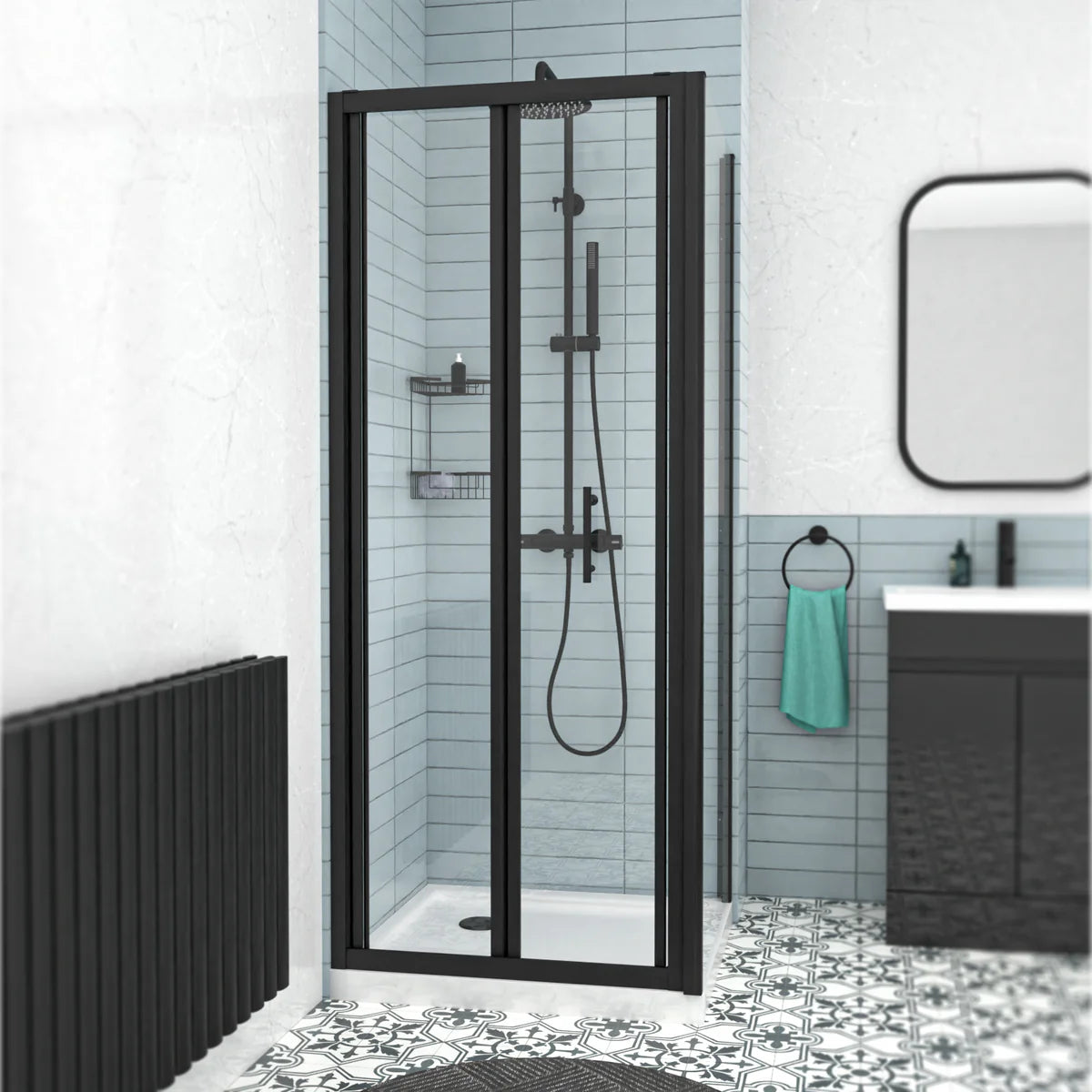 Black 760mm Bi-fold Shower Door, 760mm Side Panel Tempered Glass
