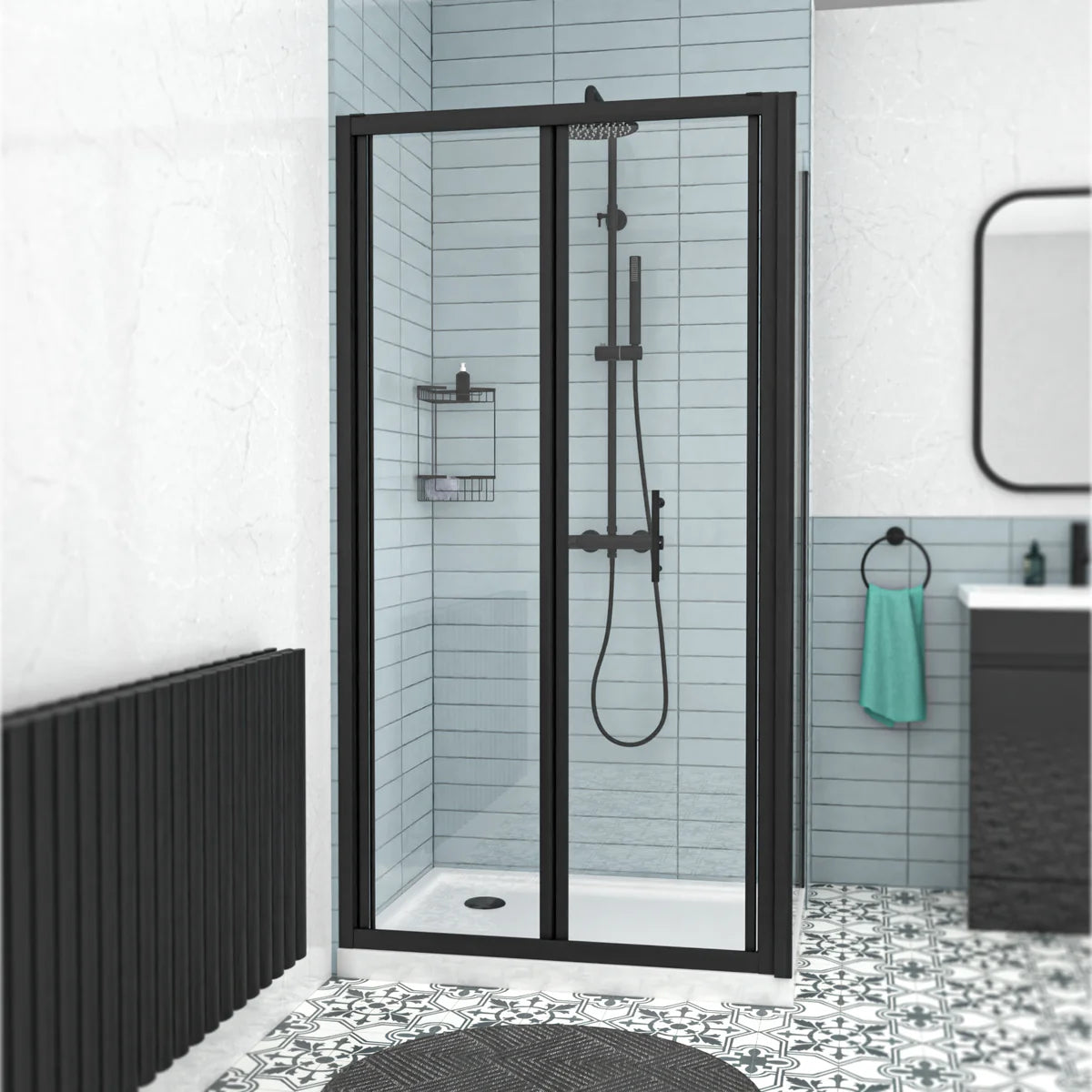 Black 900mm Bi-fold Shower Door, 900mm Side Panel Tempered Glass