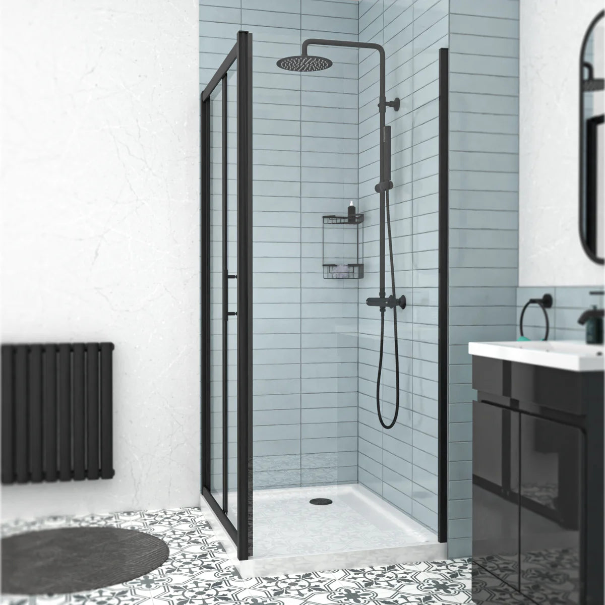 Black 1000mm Bi-fold Shower Door, 1000mm Side Panel Tempered Glass