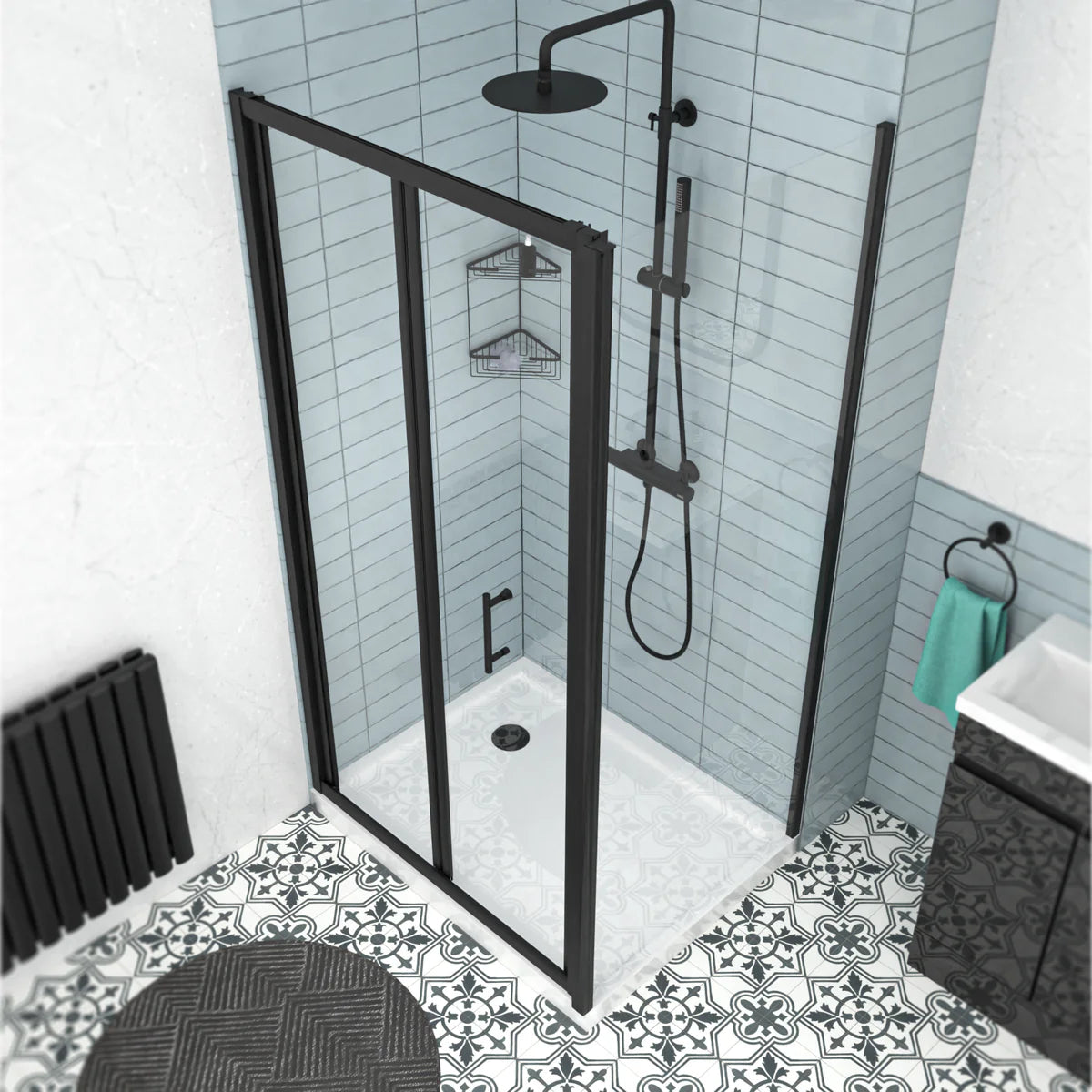 Black 900mm Bi-fold Shower Door, 900mm Side Panel Tempered Glass