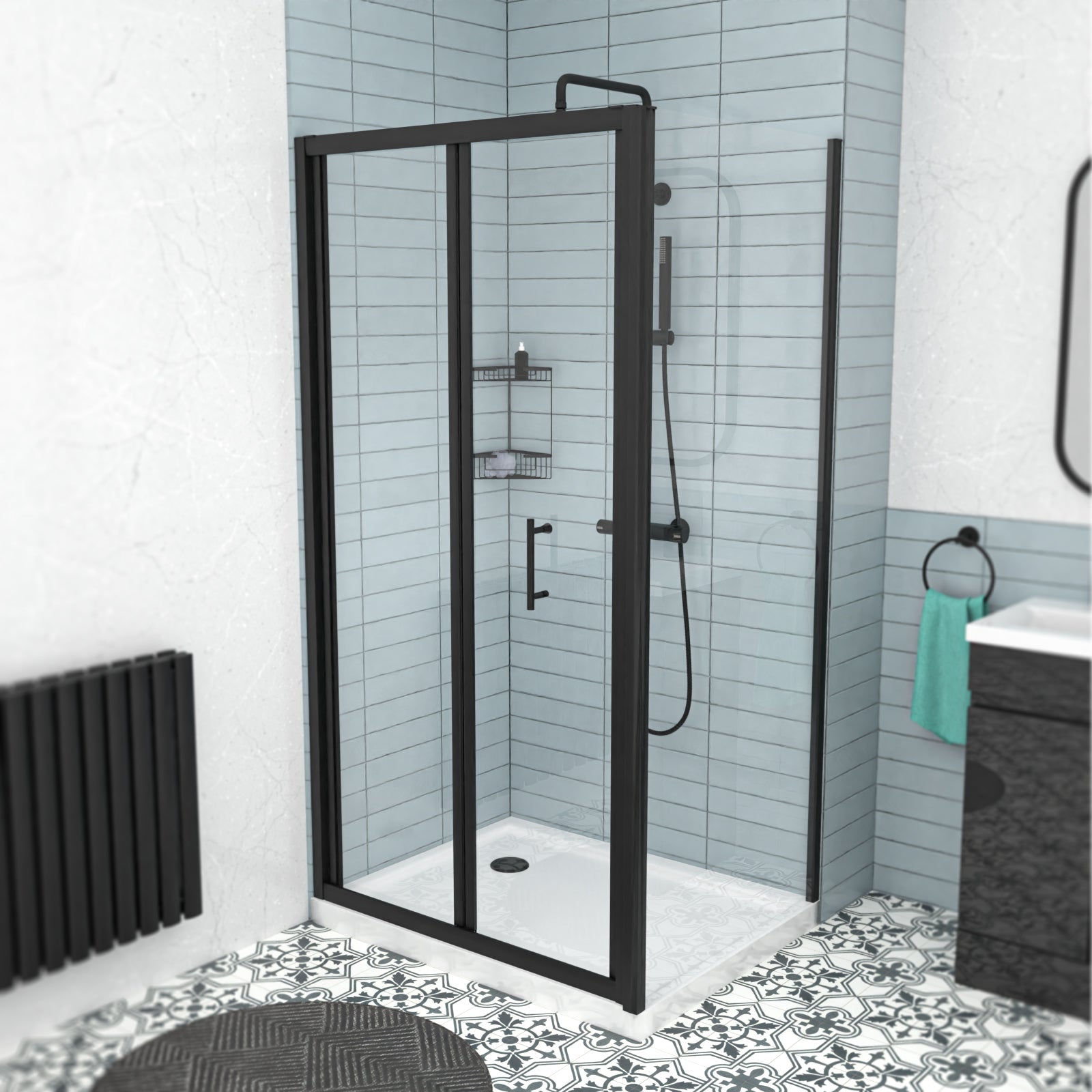 Black 900mm Bi-fold Shower Door, 700mm Side Panel Tempered Glass