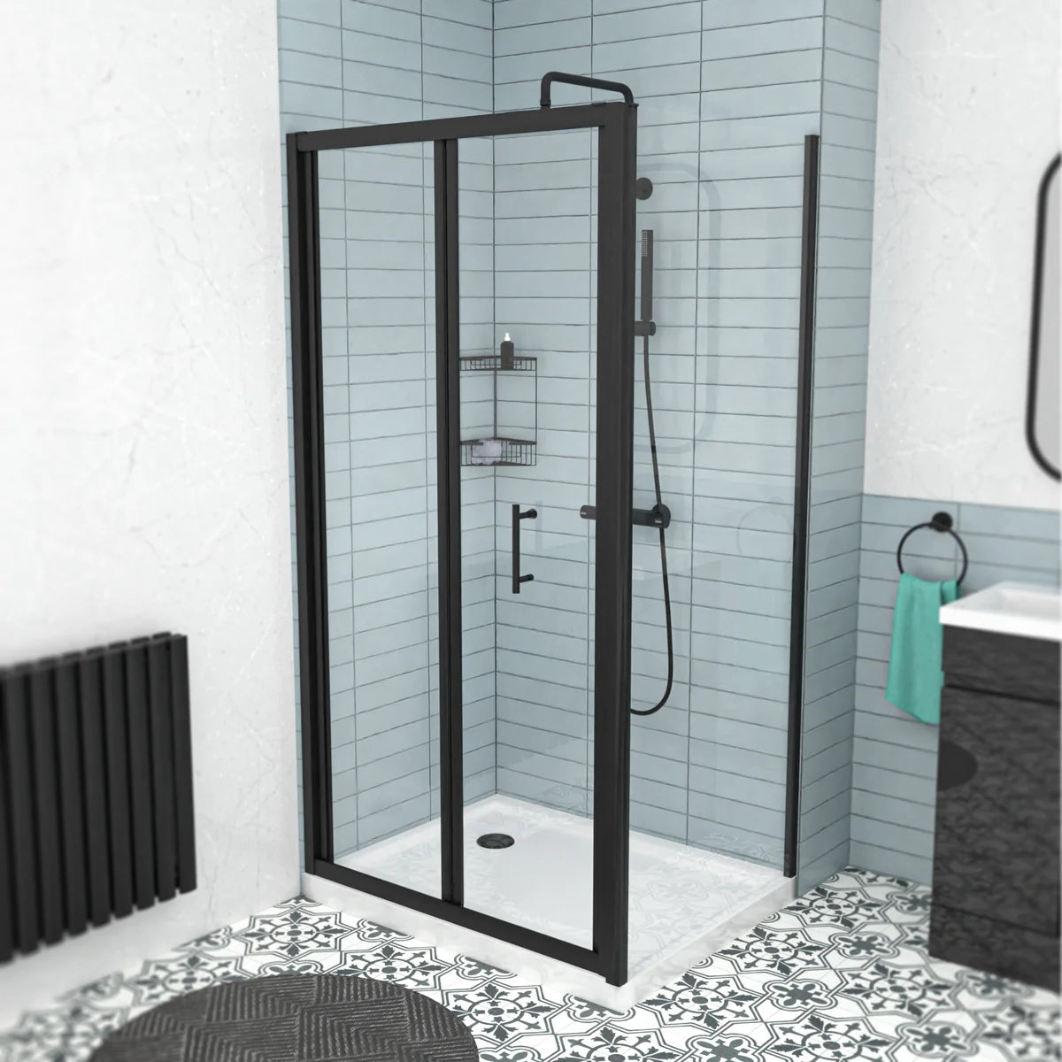 Black 900mm Bi-fold Shower Door, 900mm Side Panel Tempered Glass