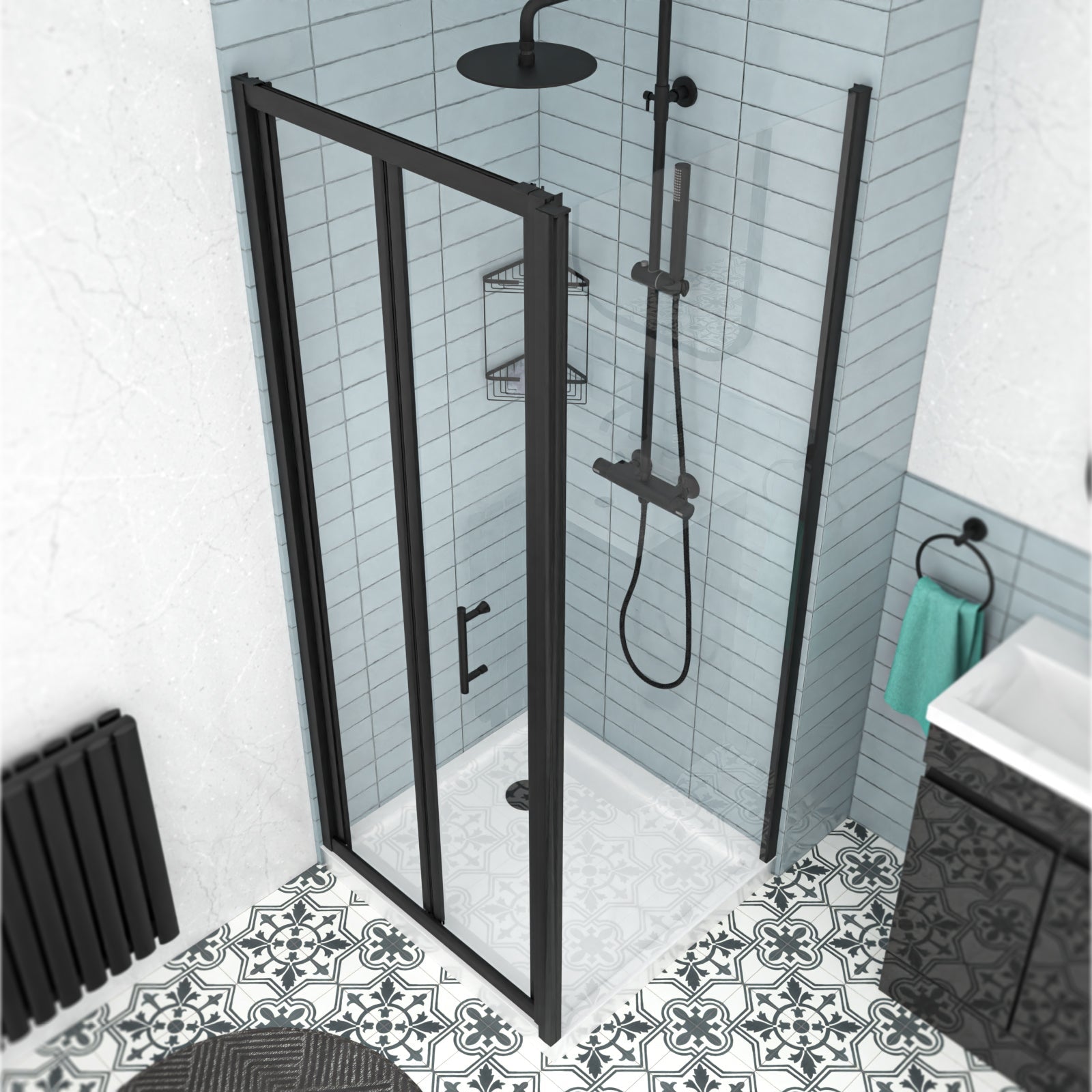 Black 800mm Bi-fold Shower Door, 760mm Side Panel Tempered Glass