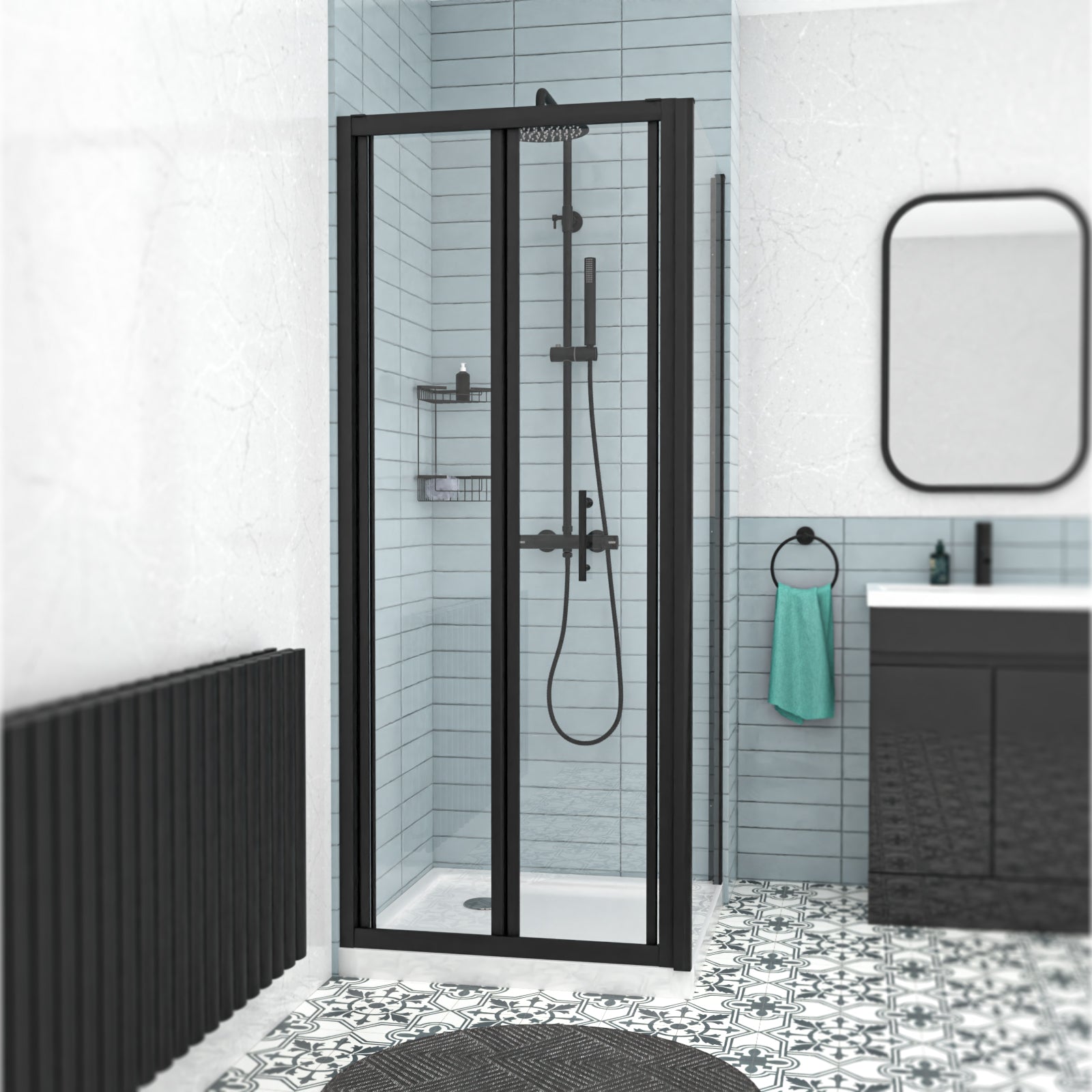 Black 800mm Bi-fold Shower Door, 800mm Side Panel Tempered Glass