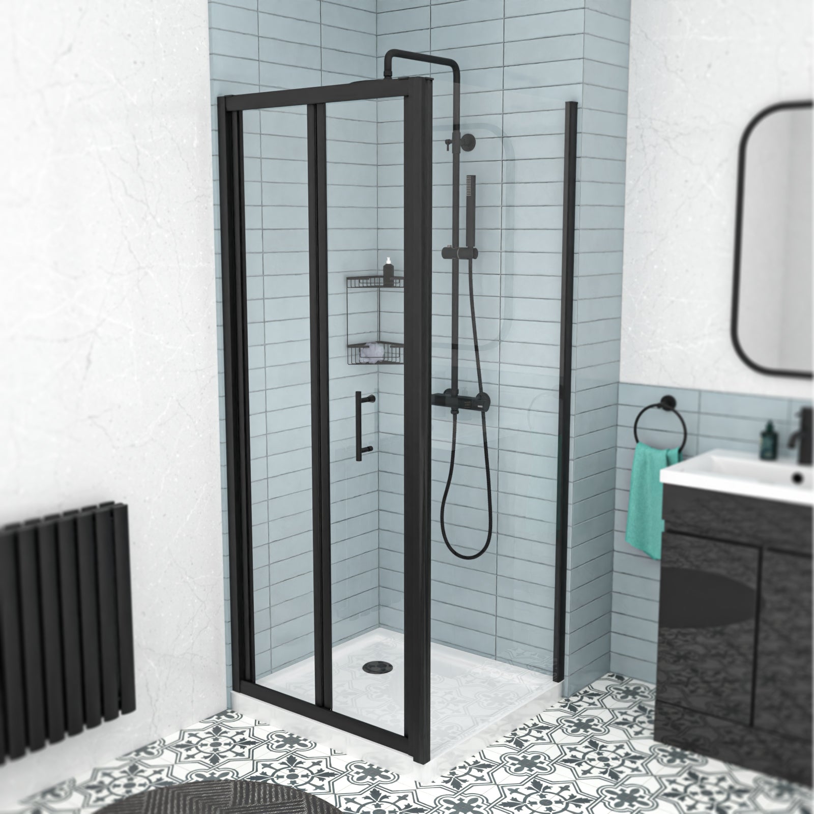 Black 900mm Bi-fold Shower Door, 760mm Side Panel Tempered Glass