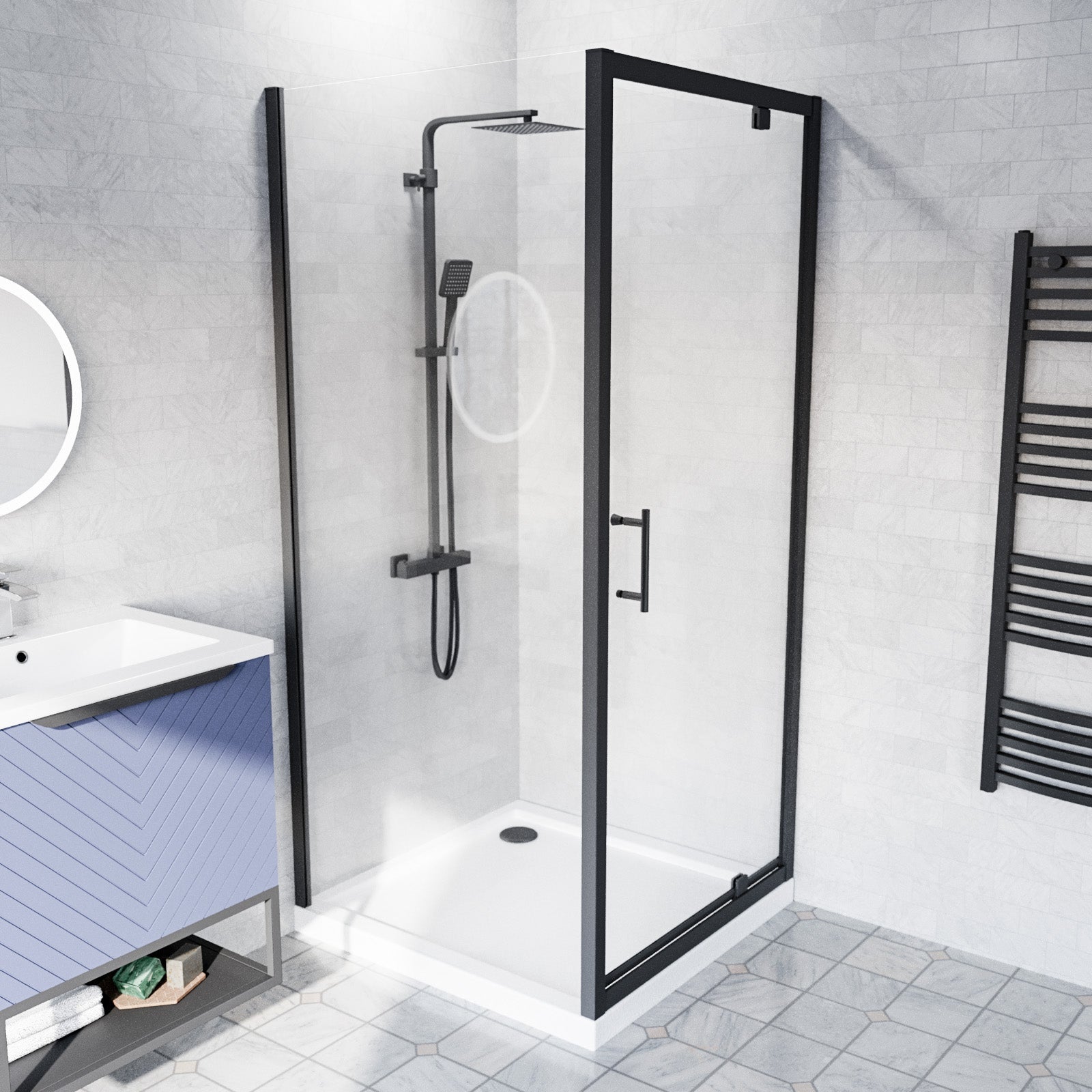 Jupiter Black 760 x 700mm Pivot Door Shower Enclosure & Side Panel