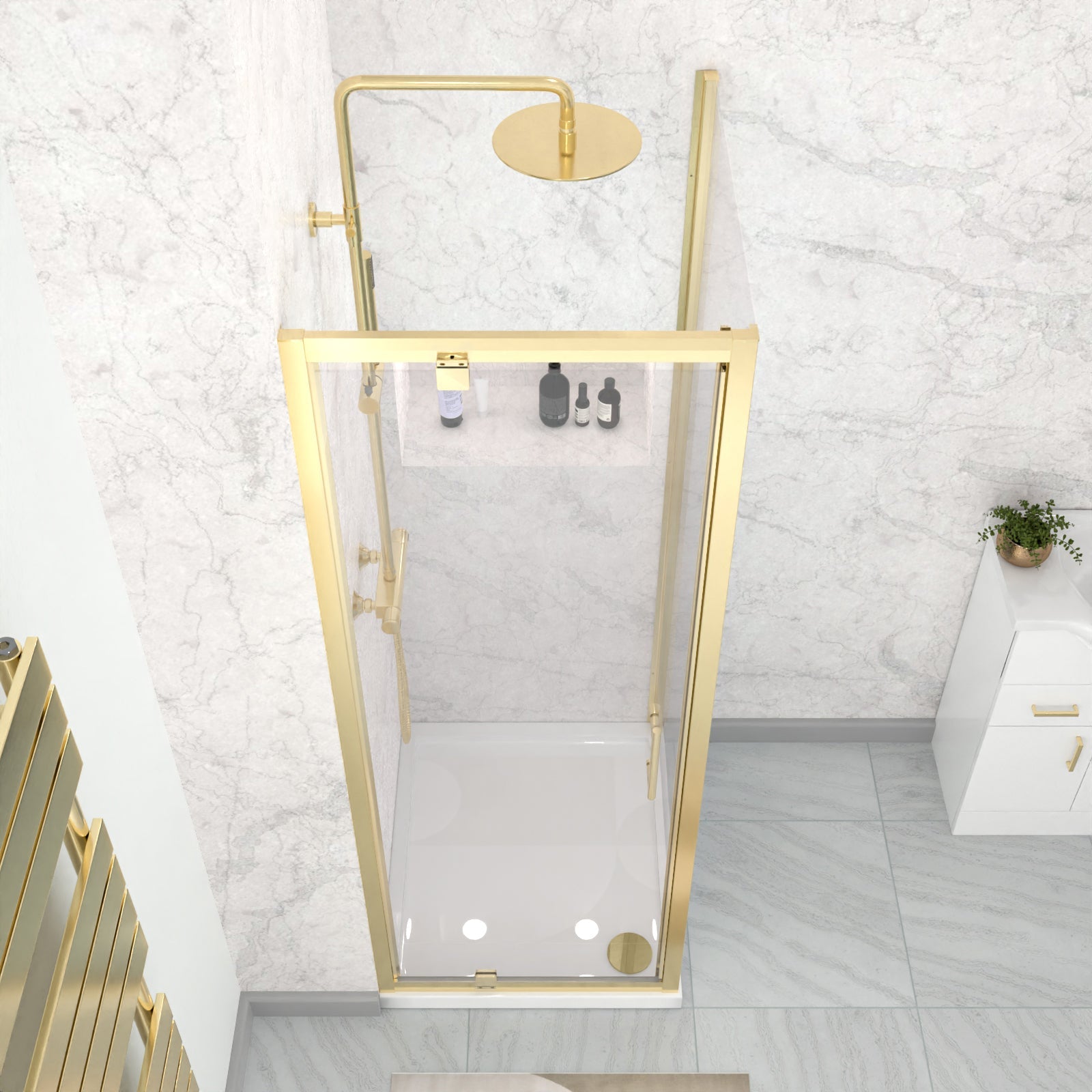 Brushed Brass 700 x 700mm Pivot Door Shower Enclosure Panel & Tray Set