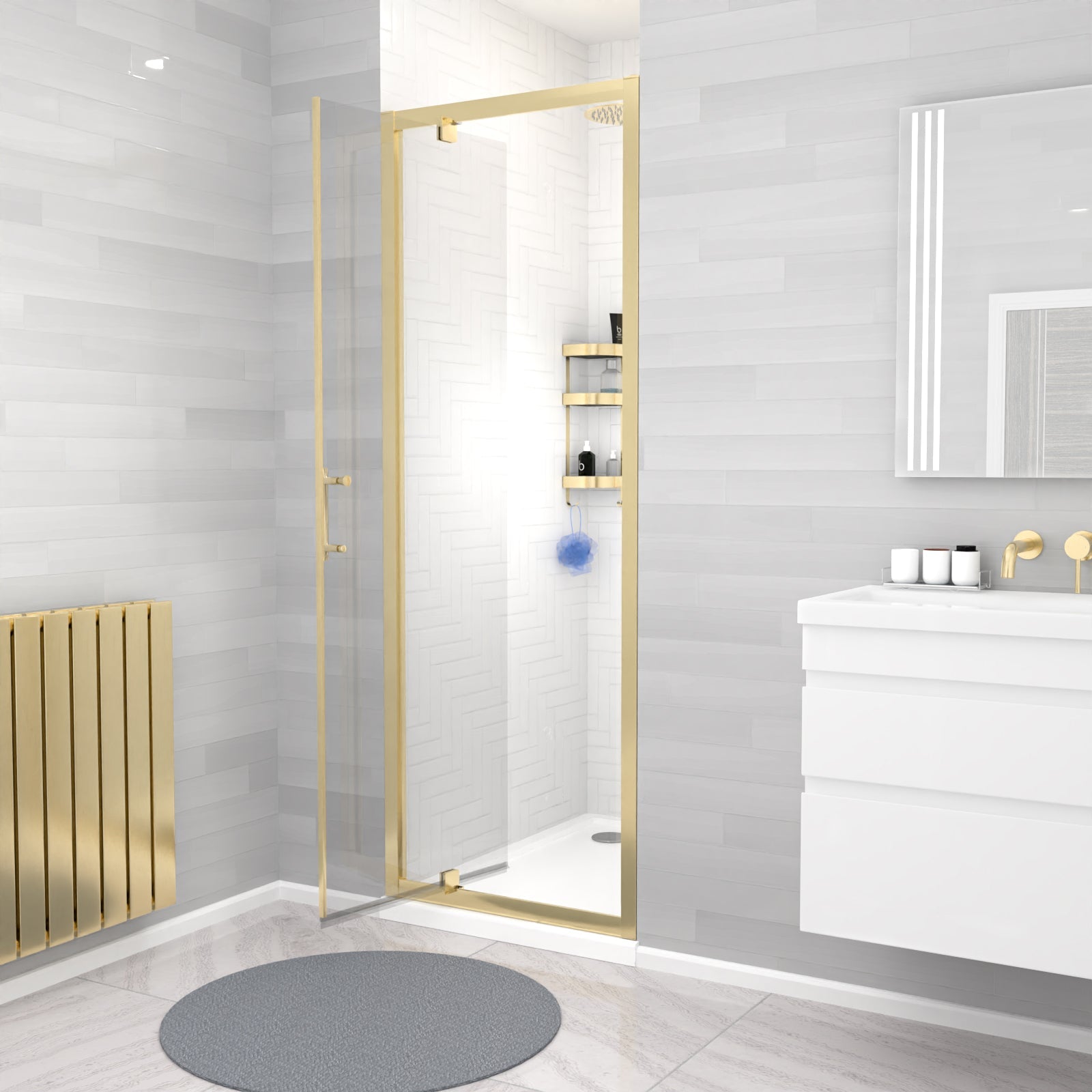 Jupiter 700 x 1850mm Brushed Brass Framed Shower Enclosure Pivot Door