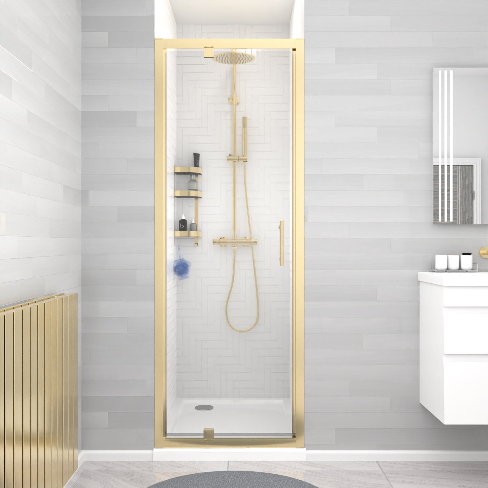 Jupiter 760 x 1850mm Brushed Brass Framed Shower Enclosure Pivot Door