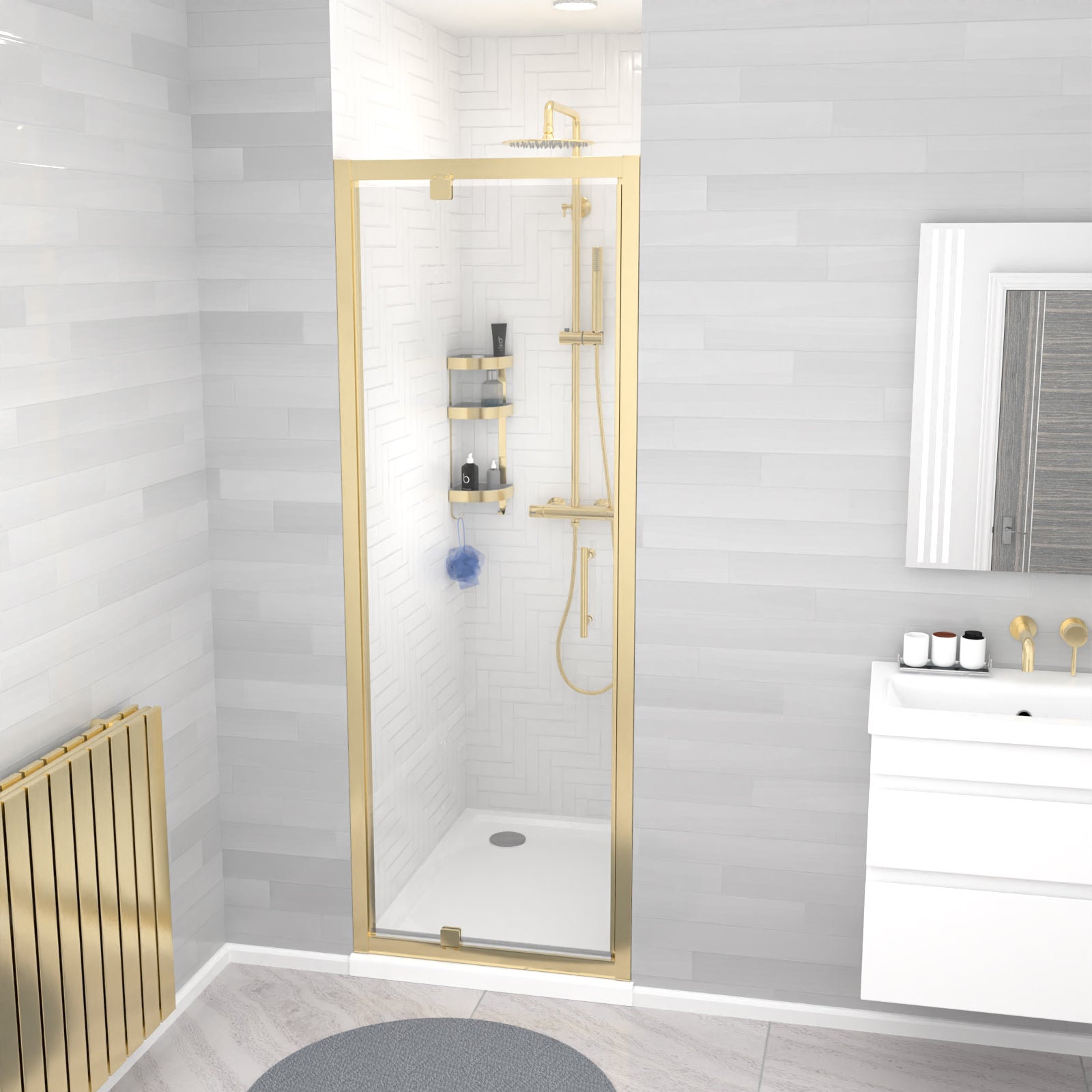 Jupiter 760 x 1850mm Brushed Brass Framed Shower Enclosure Pivot Door