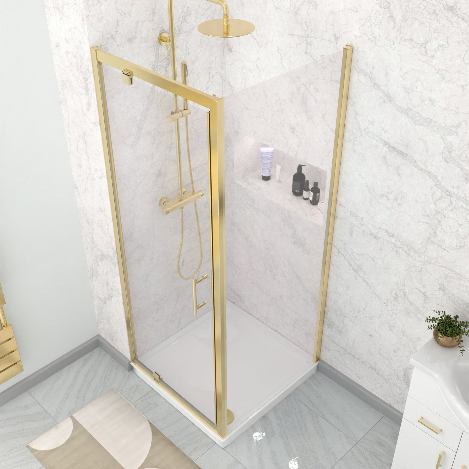 Brushed Brass 800 x 800mm Pivot Door Shower Enclosure Panel & Tray Set