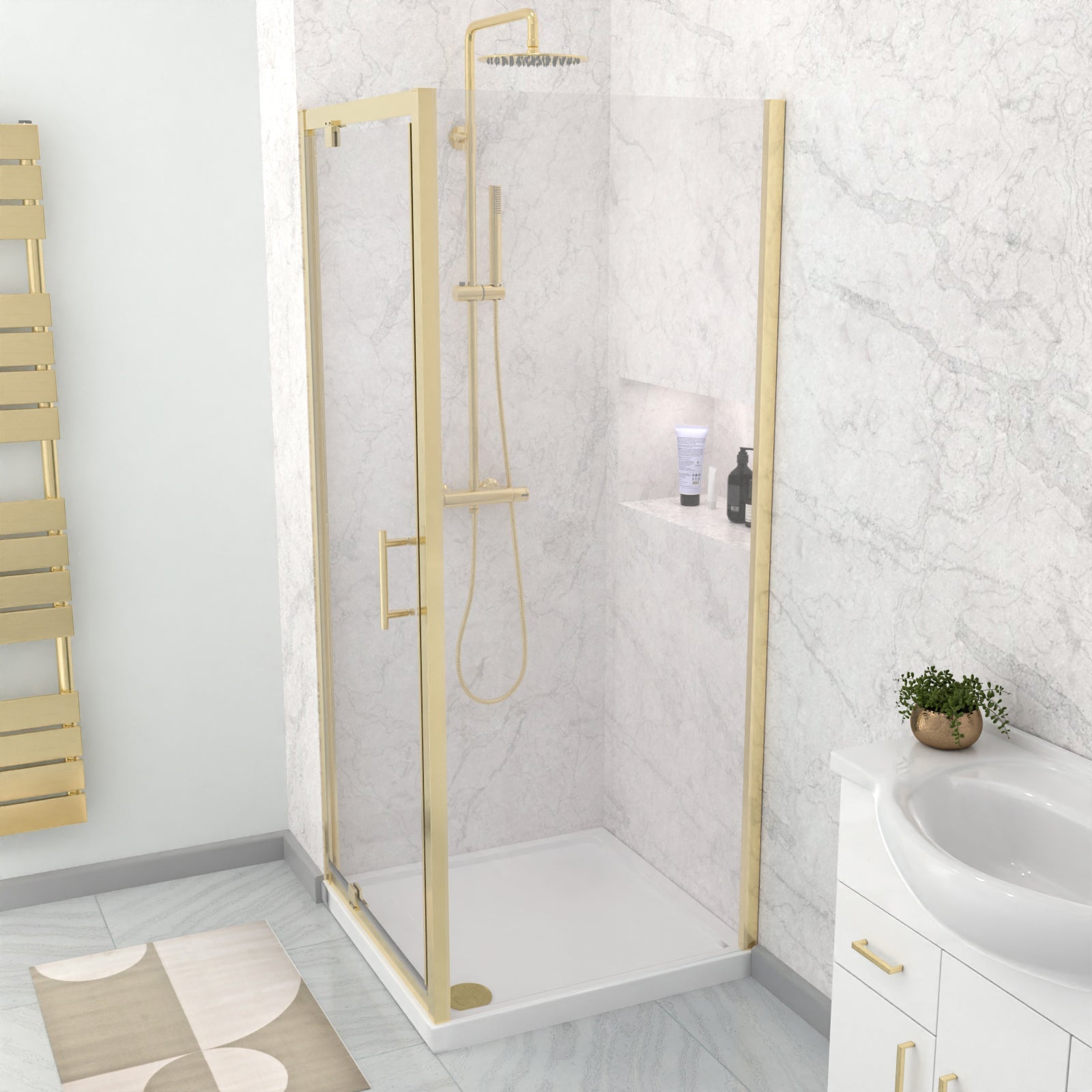 Brushed Brass 800 x 800mm Pivot Door Shower Enclosure Panel & Tray Set