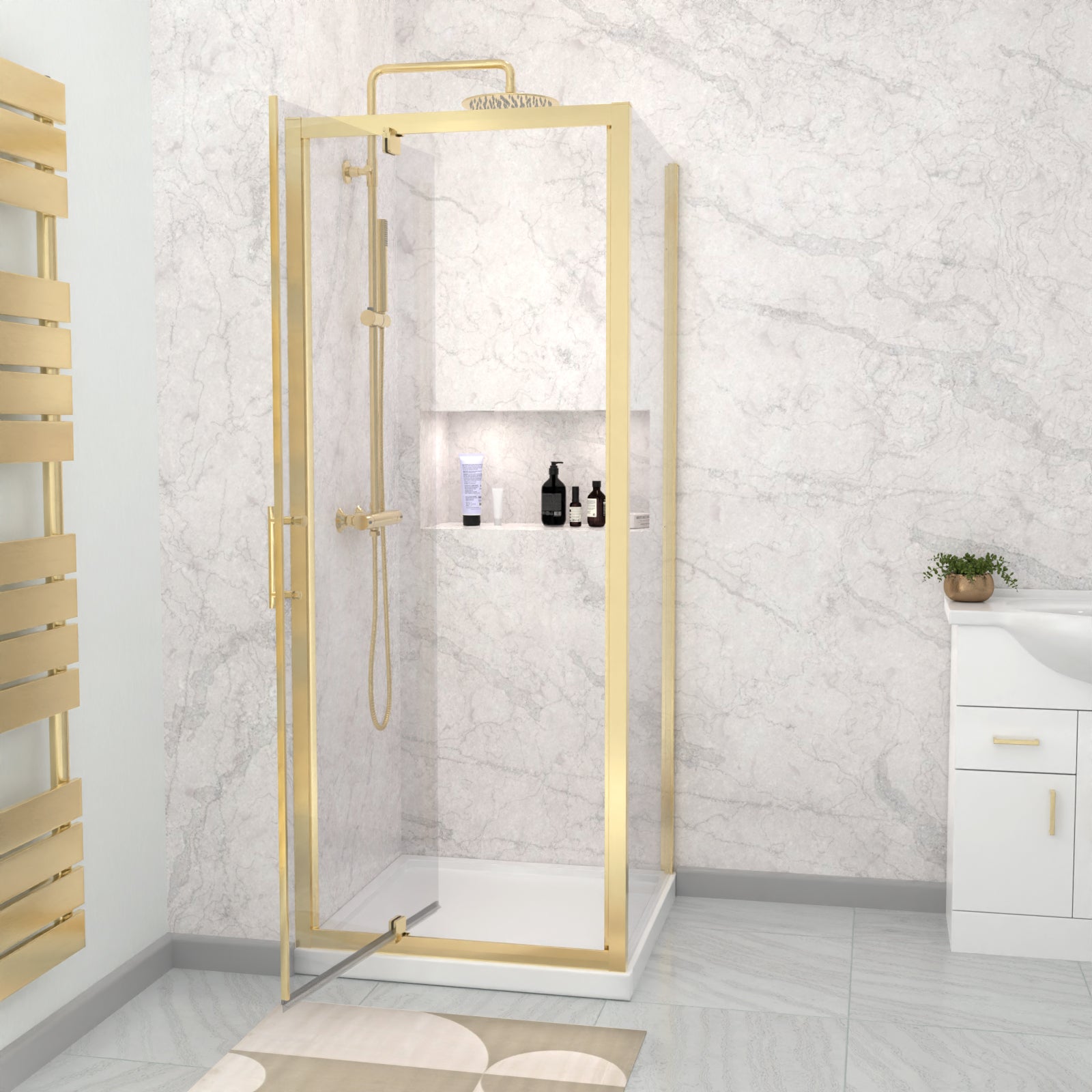Brushed Brass 800 x 800mm Pivot Door Shower Enclosure Panel & Tray Set