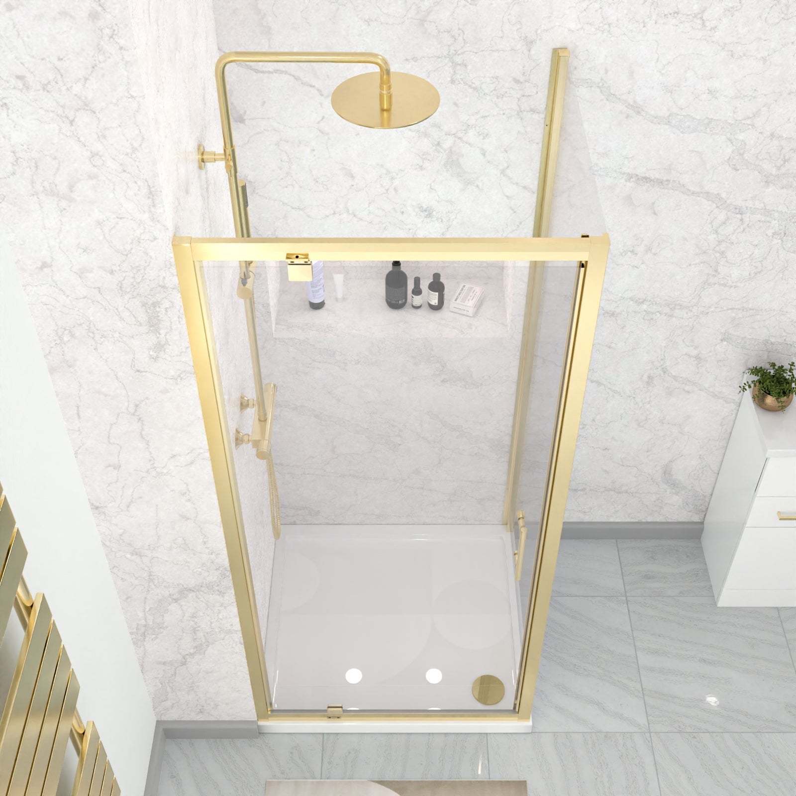 Brushed Brass 900 x 760mm Pivot Door Shower Enclosure Panel & Tray