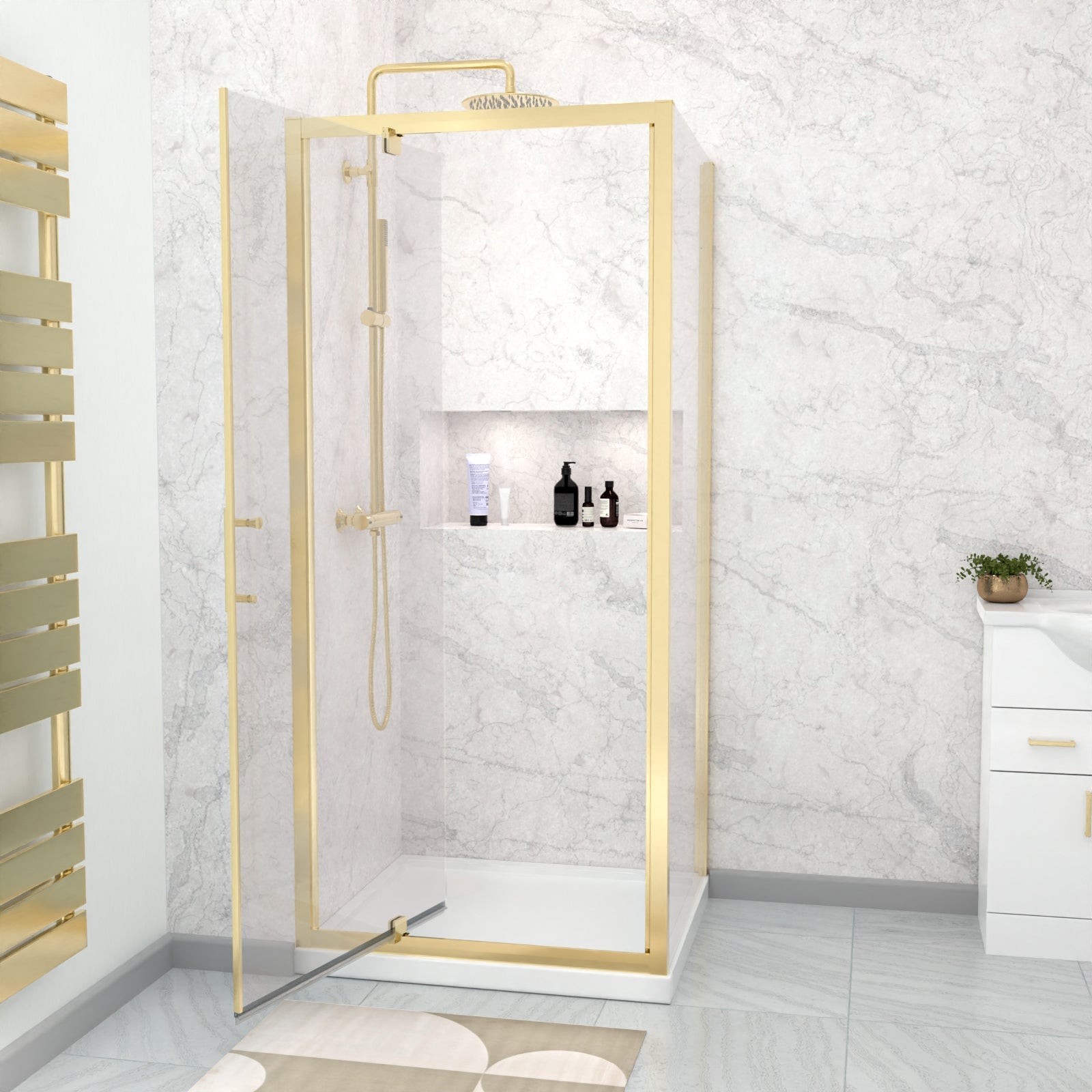 Brushed Brass 900 x 700mm Pivot Door Shower Enclosure Panel & Tray Set