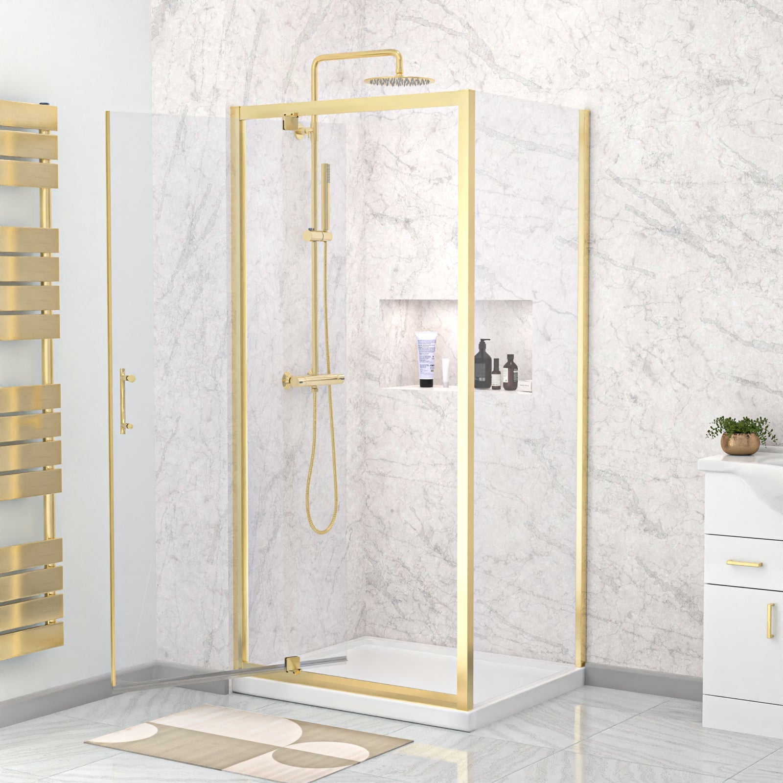 Jupiter Brushed Brass 900 x 760mm Pivot Door Shower Enclosure & Side Panel