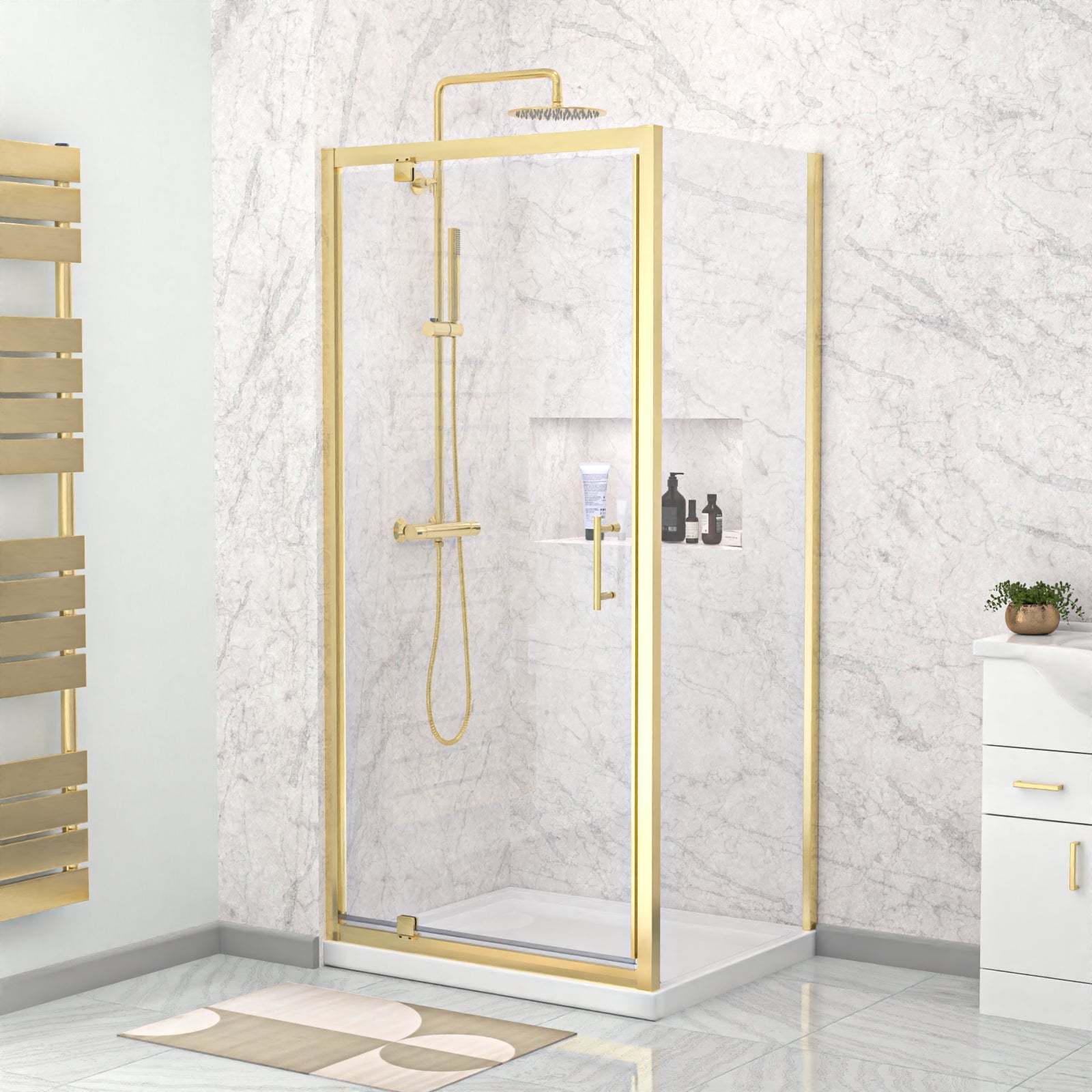 Jupiter Brushed Brass 900 x 760mm Pivot Door Shower Enclosure & Side Panel