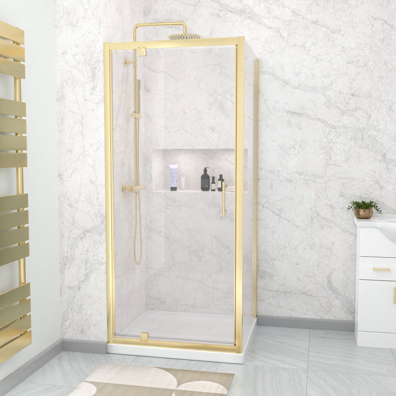 Brushed Brass Framed 900 x 900mm Pivot Door Shower Enclosure Panel & Tray
