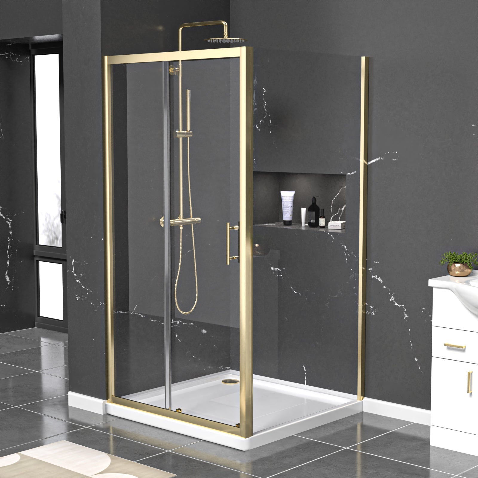 Manga 1000 x 1000mm Shower Enclosure Sliding Door, Panel & Tray Brushed Brass