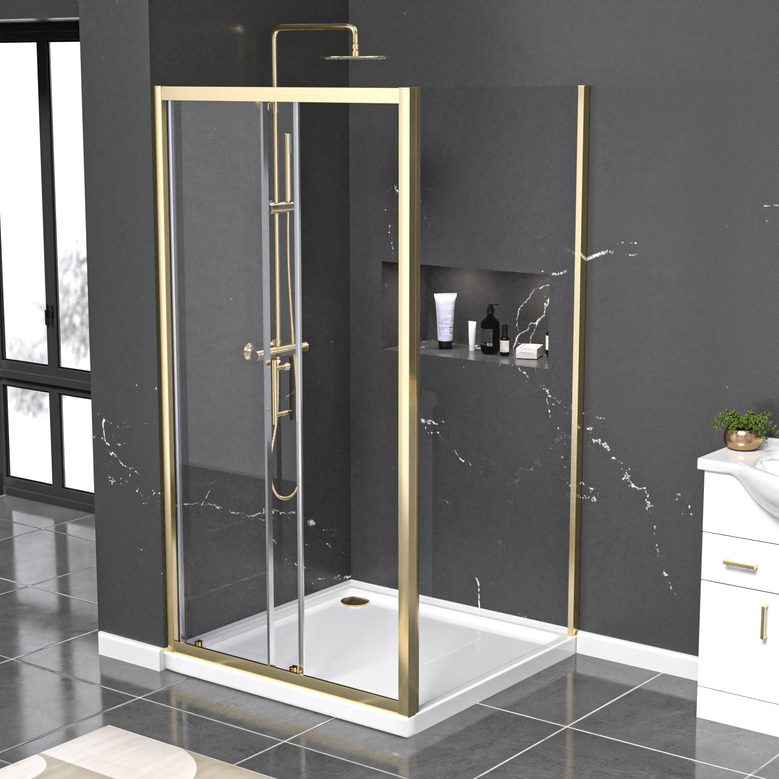 Manga 1000 x 1000mm Shower Enclosure Sliding Door, Panel & Tray Brushed Brass