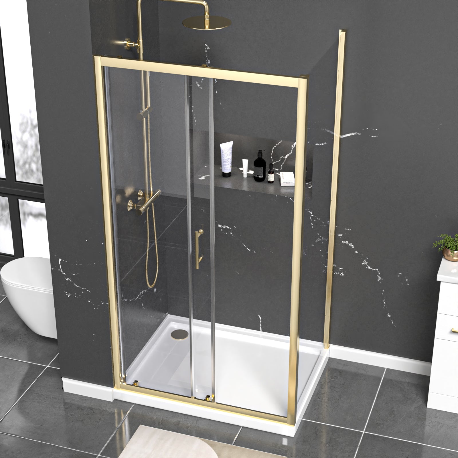 Manga 1000 x 900mm Shower Enclosure Sliding Door, Panel & Tray Brushed Brass