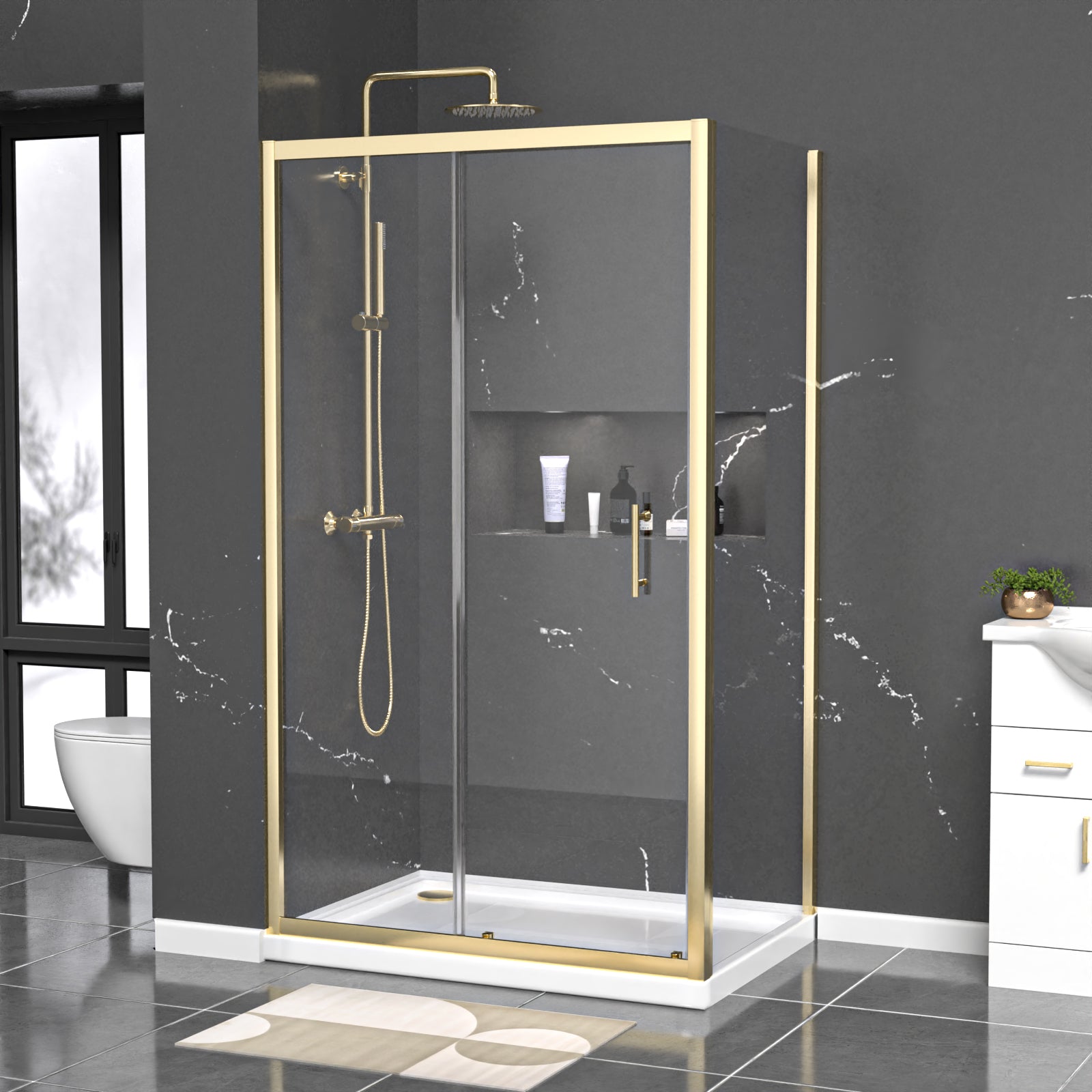 Manga 1100 x 800mm Shower Enclosure Sliding Door, Panel & Tray Brushed Brass