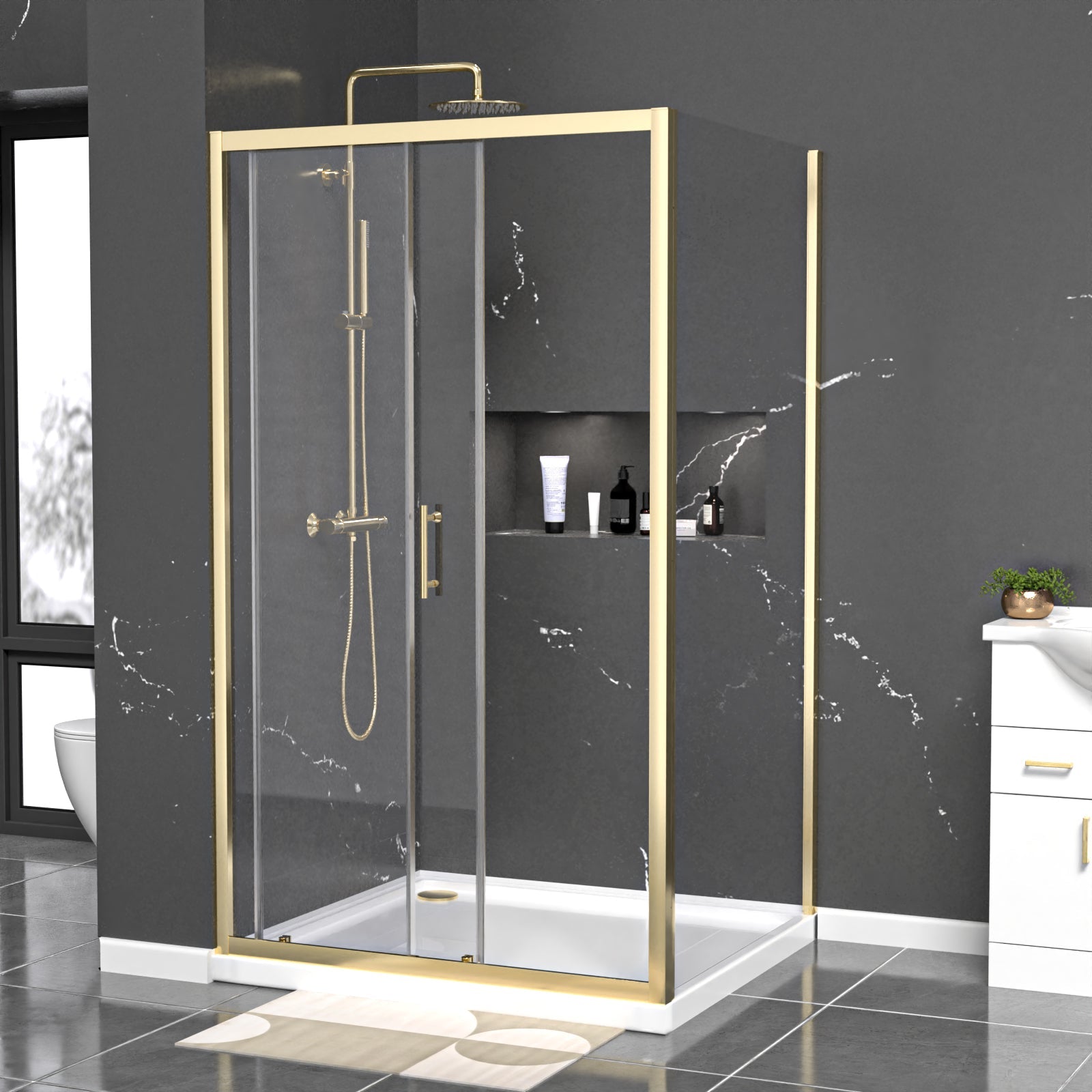 Manga 1100 x 900mm Shower Enclosure Sliding Door, Panel & Tray Brushed Brass