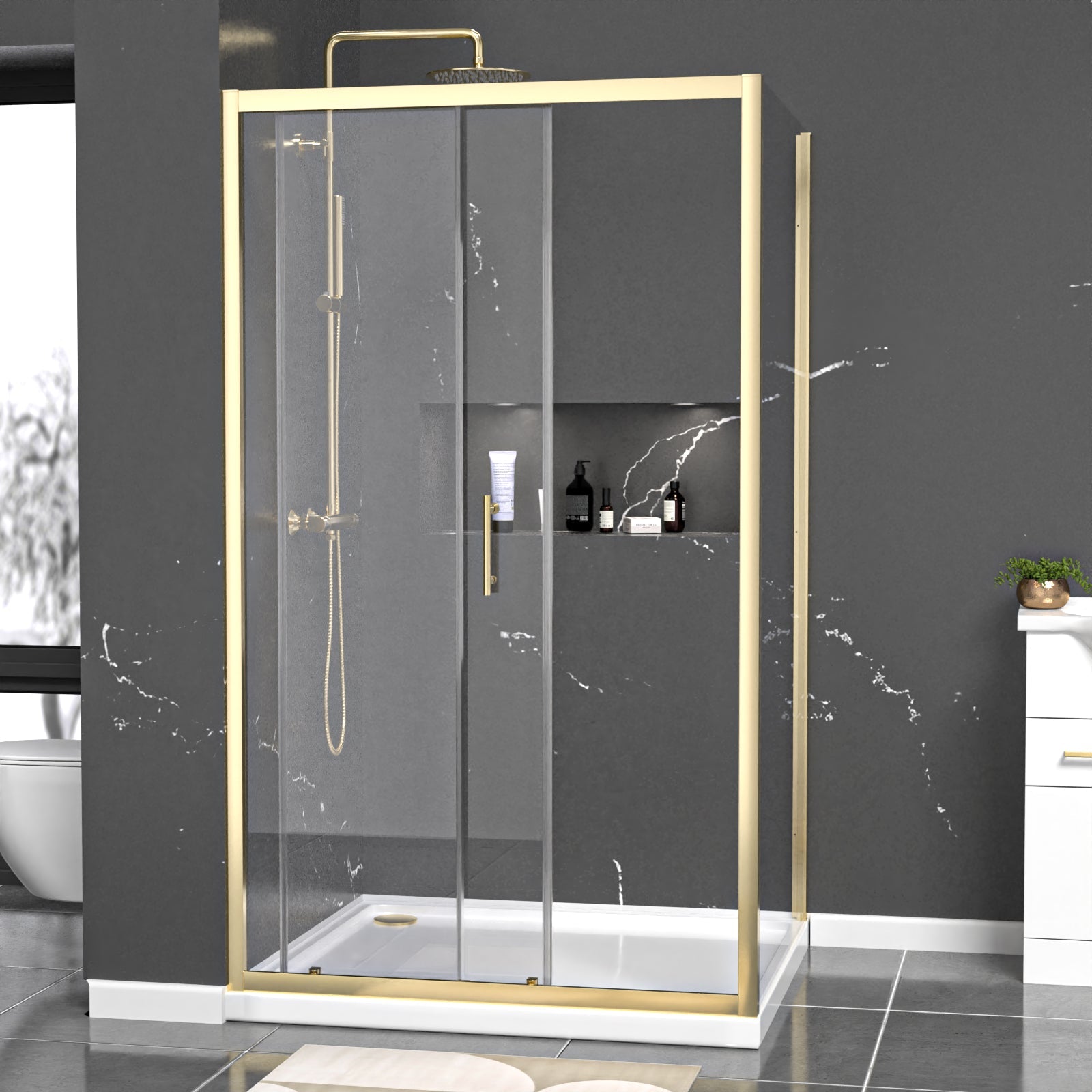 Manga 1100 x 900mm Shower Enclosure Sliding Door, Panel & Tray Brushed Brass