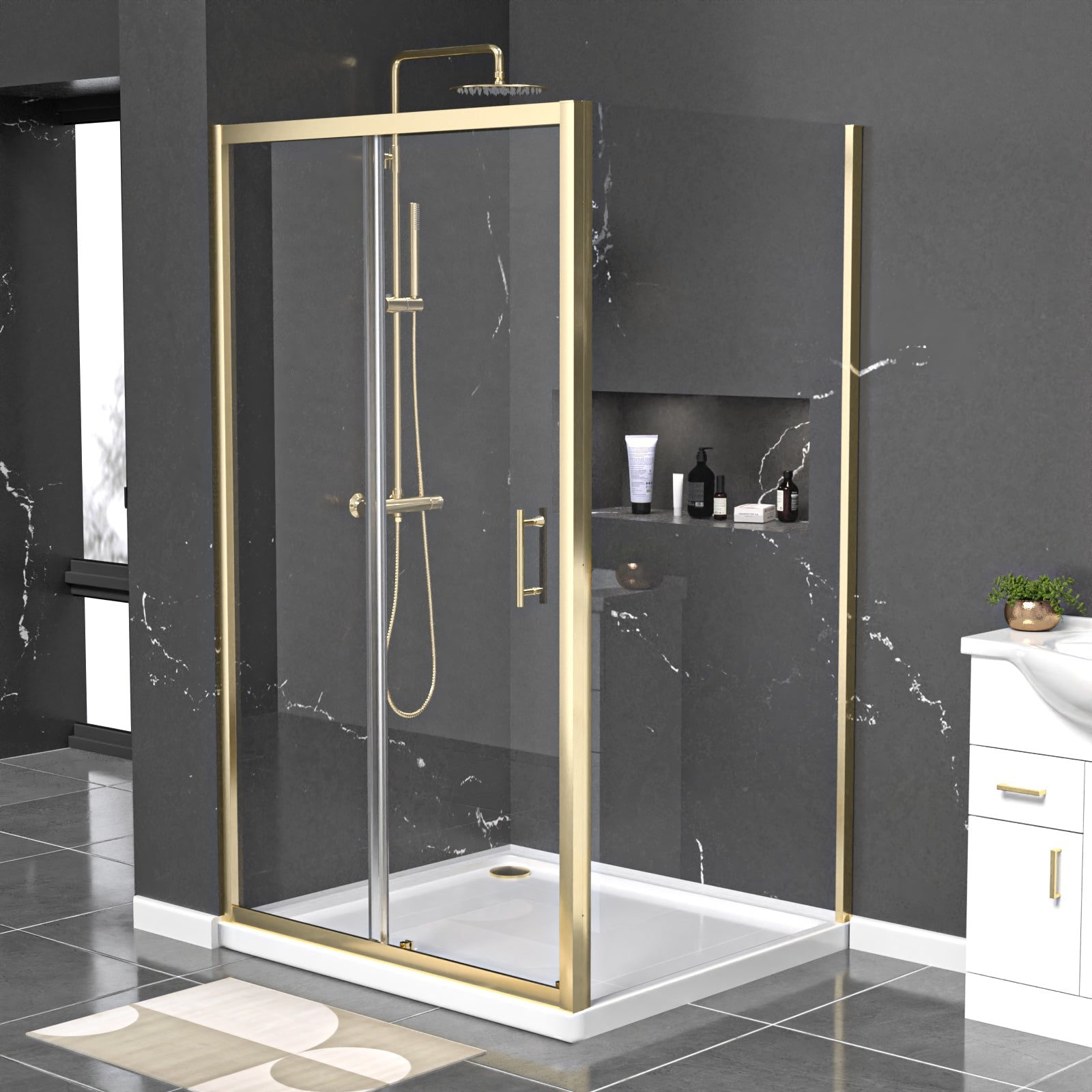 Manga 1100 x 900mm Shower Enclosure Sliding Door, Panel & Tray Brushed Brass