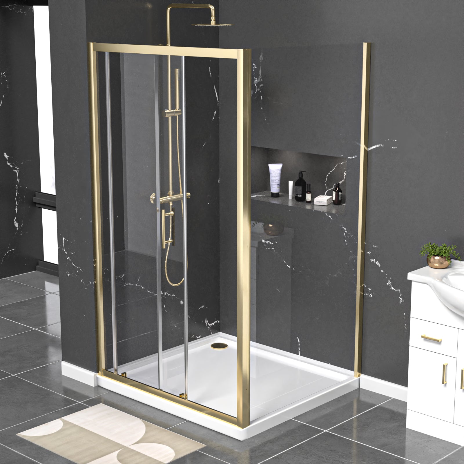 Manga 1100 x 900mm Shower Enclosure Sliding Door, Panel & Tray Brushed Brass